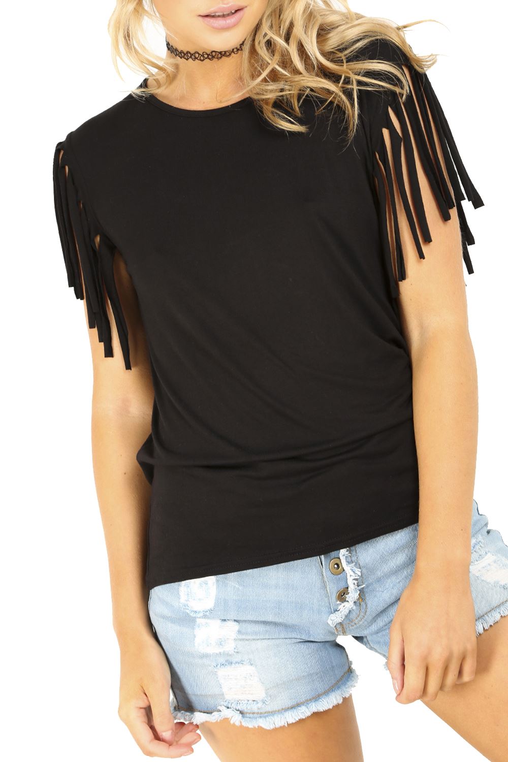 Womens Ladies Fringe Summer Loose Short Sleeve Blouse Casual Top Tee T Shirt - Picture 2 of 13