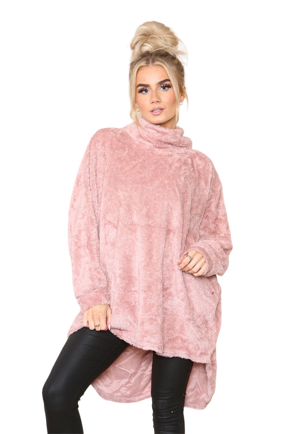 Womens Ladies Fleece Turtle Cowl Neck Baggy Long Sleeve Fluffy Faux Fur Jumper - Picture 6 of 12