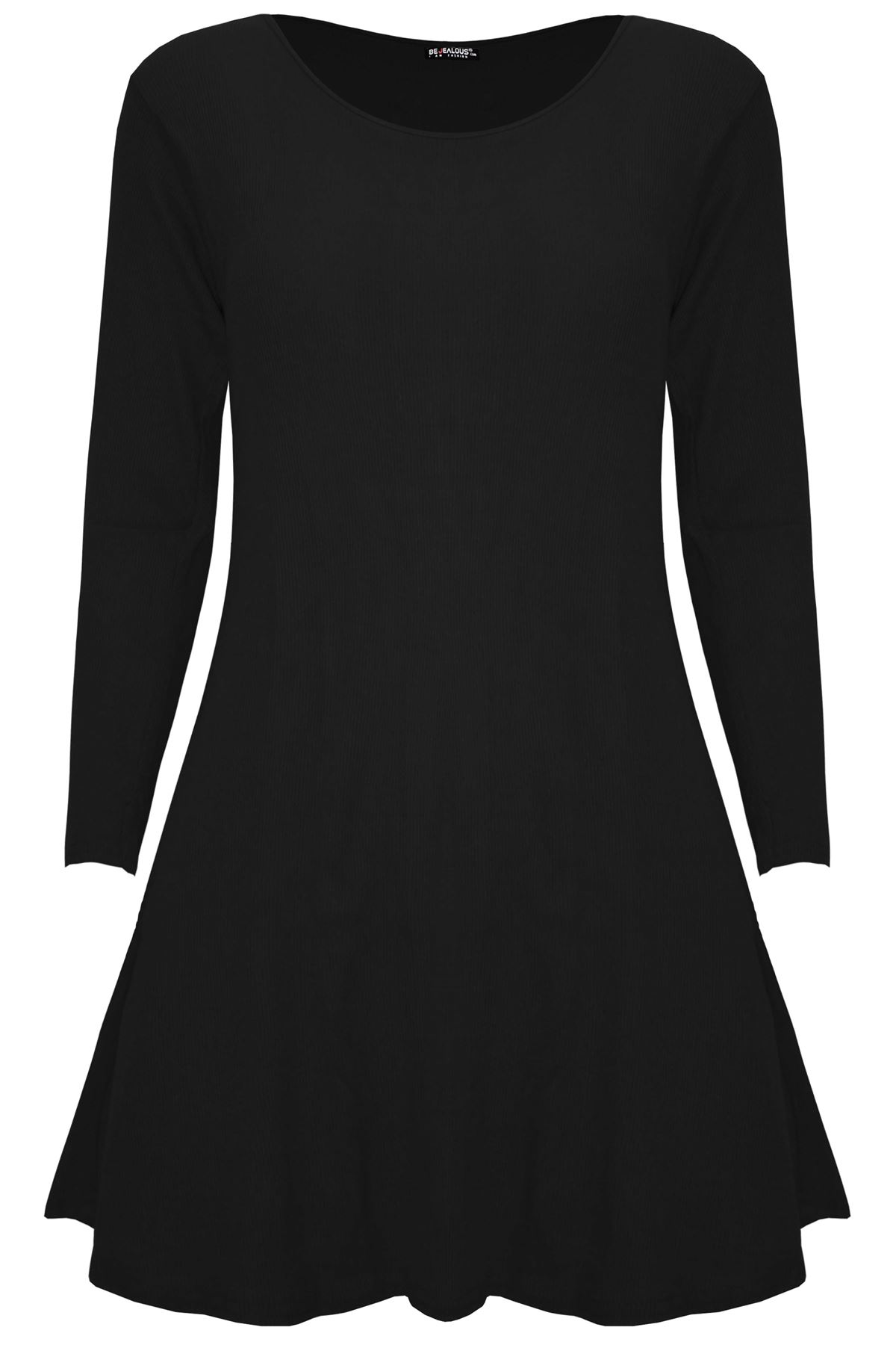 Womens Ladies Smock Ribbed Long Sleeve Stretchy A-Line Swing Flared Mini Dress - Picture 2 of 13