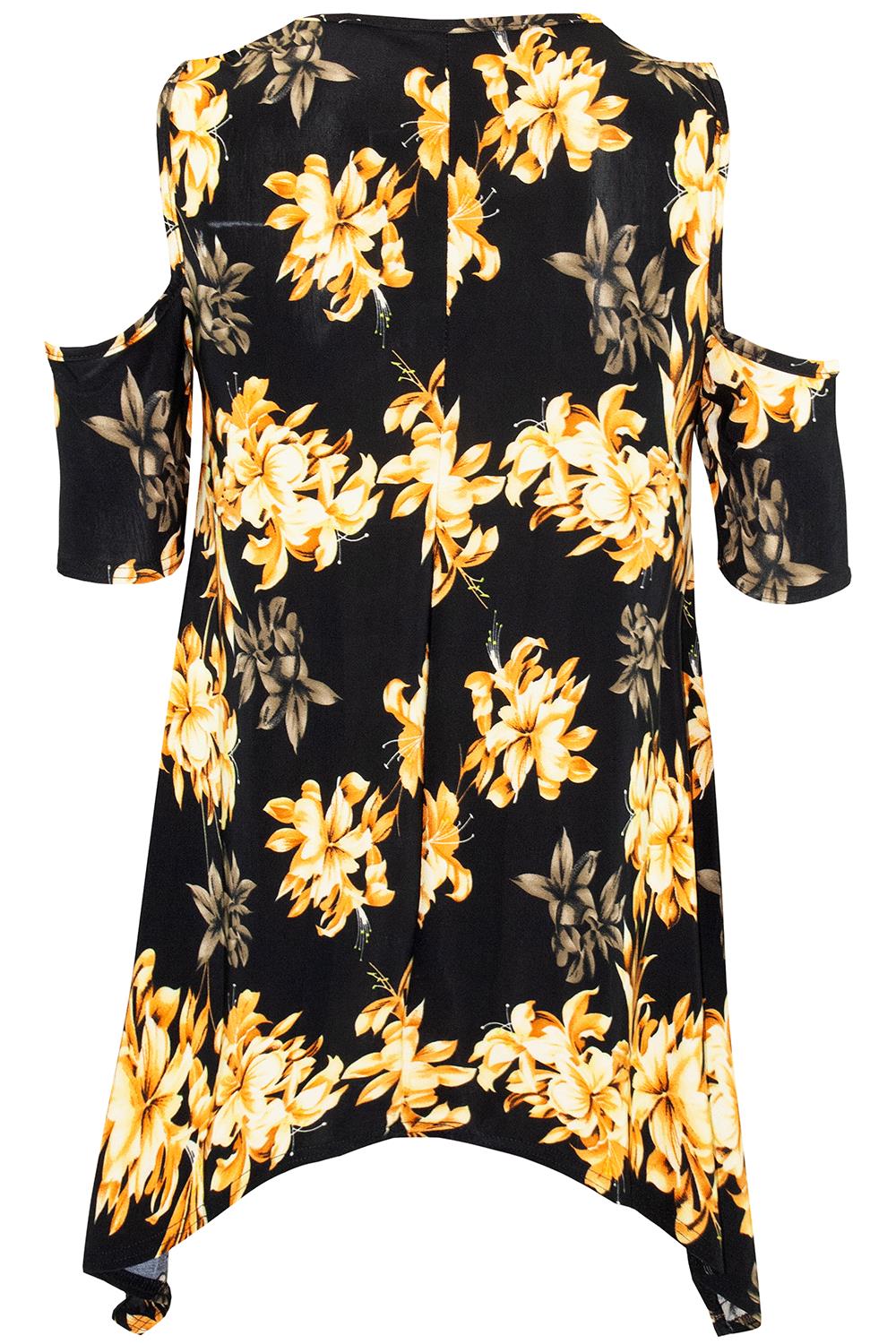Womens Floral Cap Sleeve Ladies Cold Cut Shoulder Hanky Hem Baggy Oversized Top - Picture 15 of 58