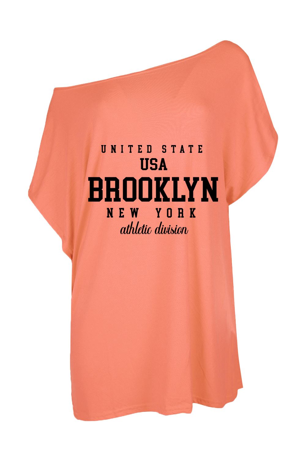 Womens Brooklyn USA Slogan One Shoulder Oversized Batwing Sleeve Summer T Shirt - Picture 16 of 36