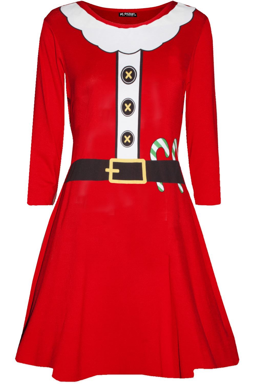 Womens Christmas Ladies Elf Santa's Little Helper Costume Round Neck Swing Dress - Picture 18 of 50