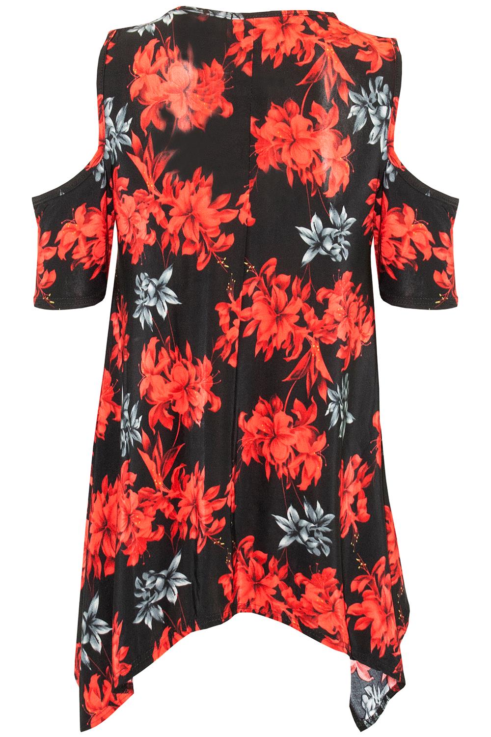 Womens Floral Cap Sleeve Ladies Cold Cut Shoulder Hanky Hem Baggy Oversized Top - Picture 31 of 58