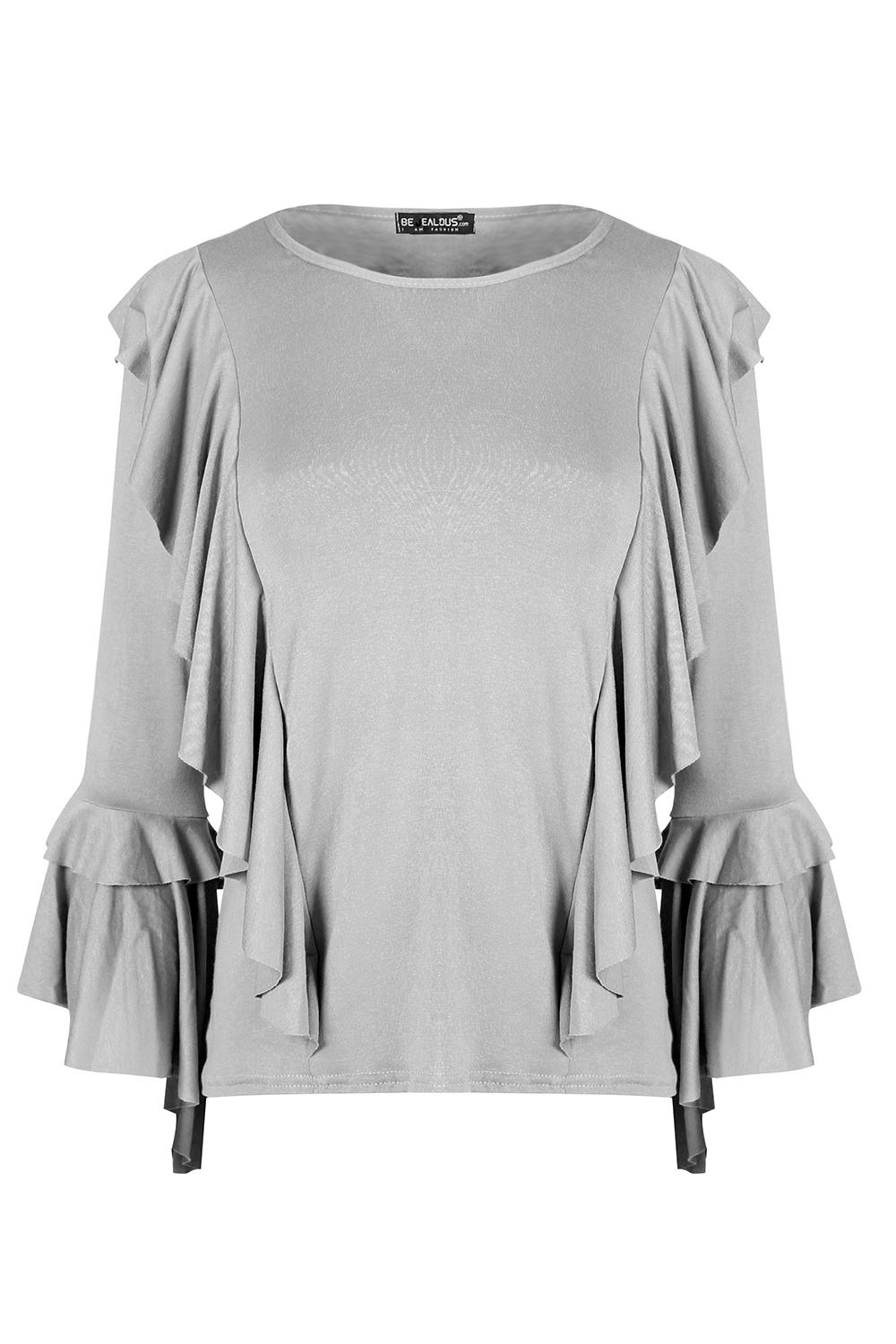 Womens Ladies Double Peplum Ruffle Frill Choker V Plunge Long Sleeve T-Shirt Top