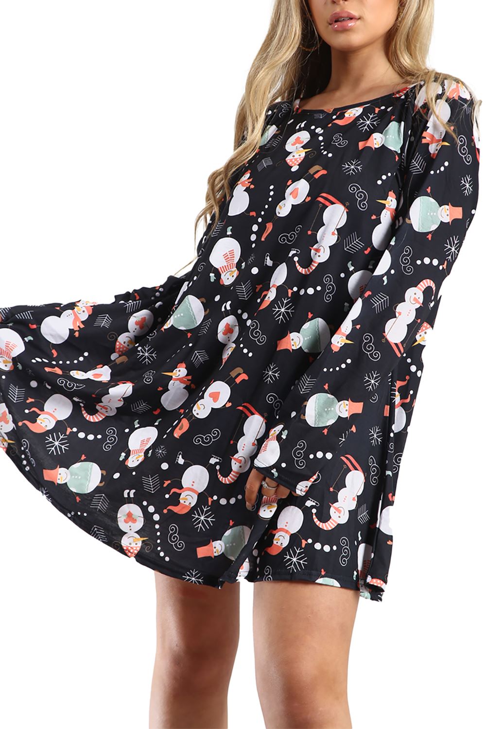 Womens Ladies Xmas Santa Gifts Snowman Christmas Printed Skater Mini Swing Dress - Picture 26 of 35