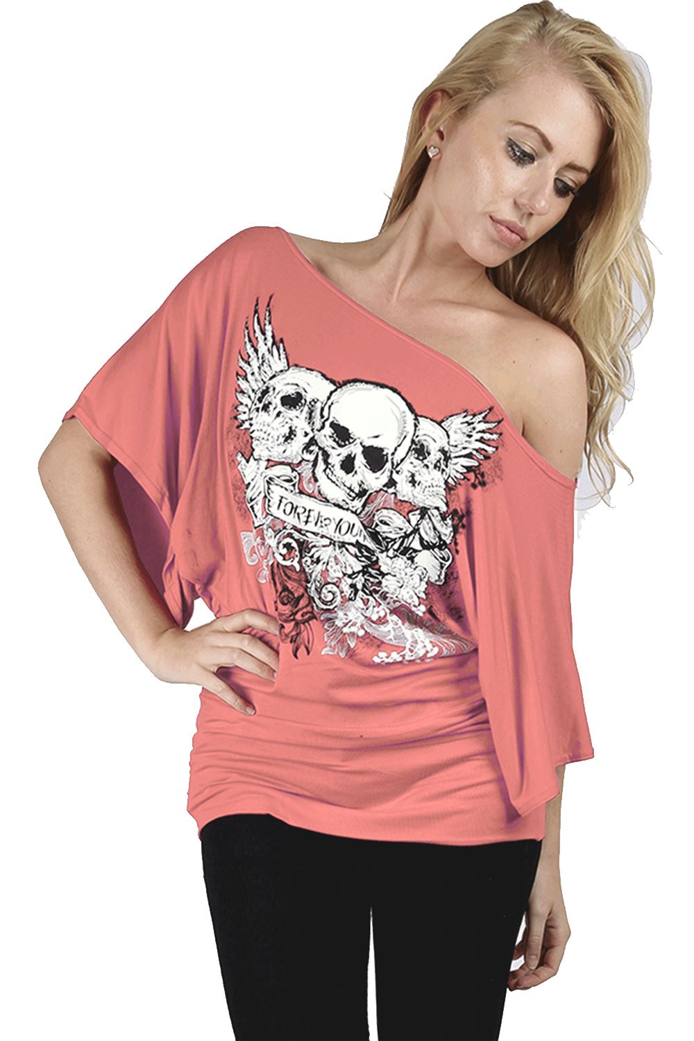 Plus Size Ladies Womens Off One Shoulder Skull Bardot Batwing Sleeve T Shirt Top - Picture 7 of 11