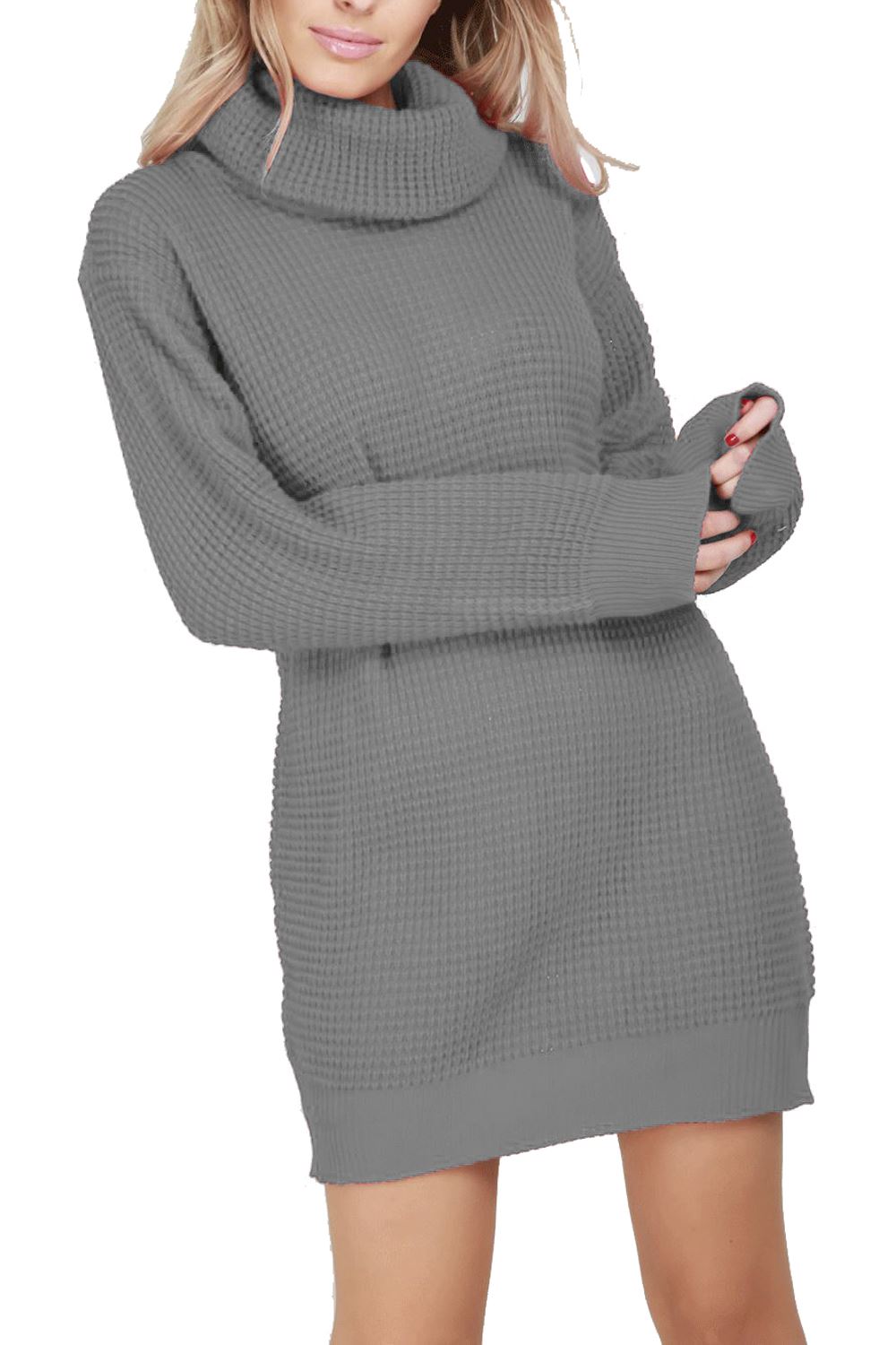 Plus Size Womens Ladies Chunky Knitted Long Sleeve Roll Cowl Neck Jumper Dress - Picture 17 of 19