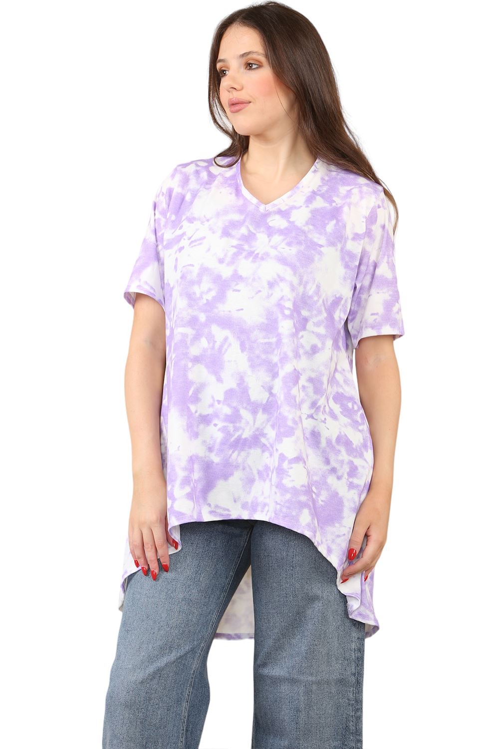 Womens Ladies V-Neck Short Sleeve Long Swing High Low Dipped Hem T-Shirt Top - Picture 31 of 40