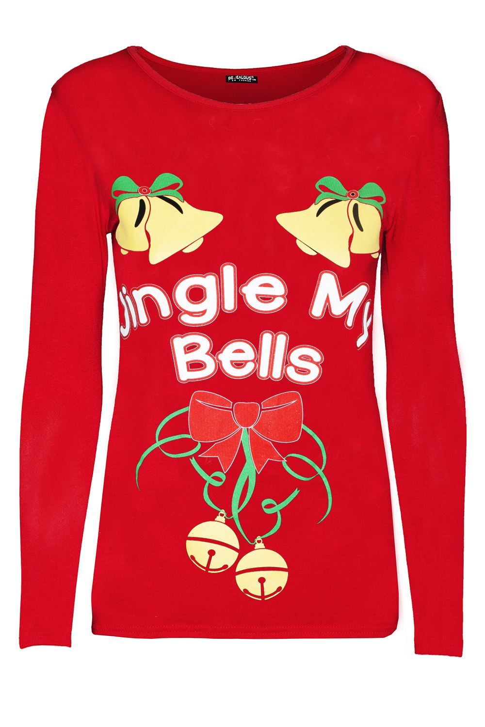 Women Ladies Round Neck Christmas Long Sleeve Jingle My Bells Tie Ribbon T Shirt - Picture 5 of 5