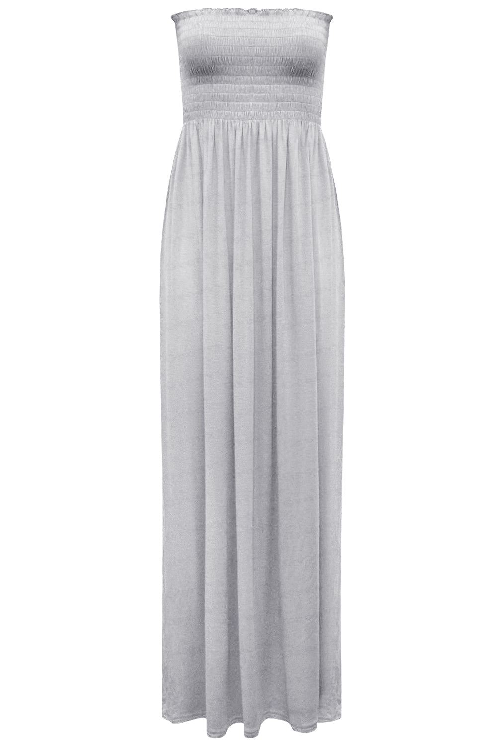 Womens Ladies Gather Strapless Sheering Boobtube Bandeau Long Plain Maxi Dress - Picture 24 of 29