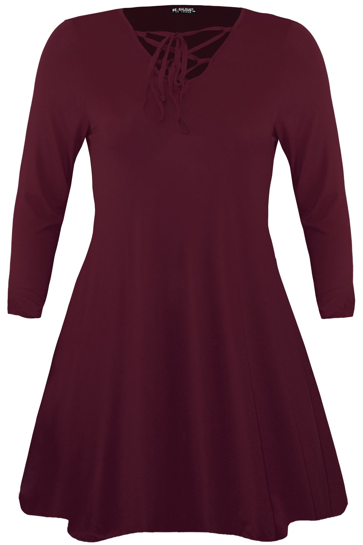 Mini Bodycon Ladies Lace Up Eyelet Flared Womens Plus Size V Neck Swing Dress - Picture 8 of 30