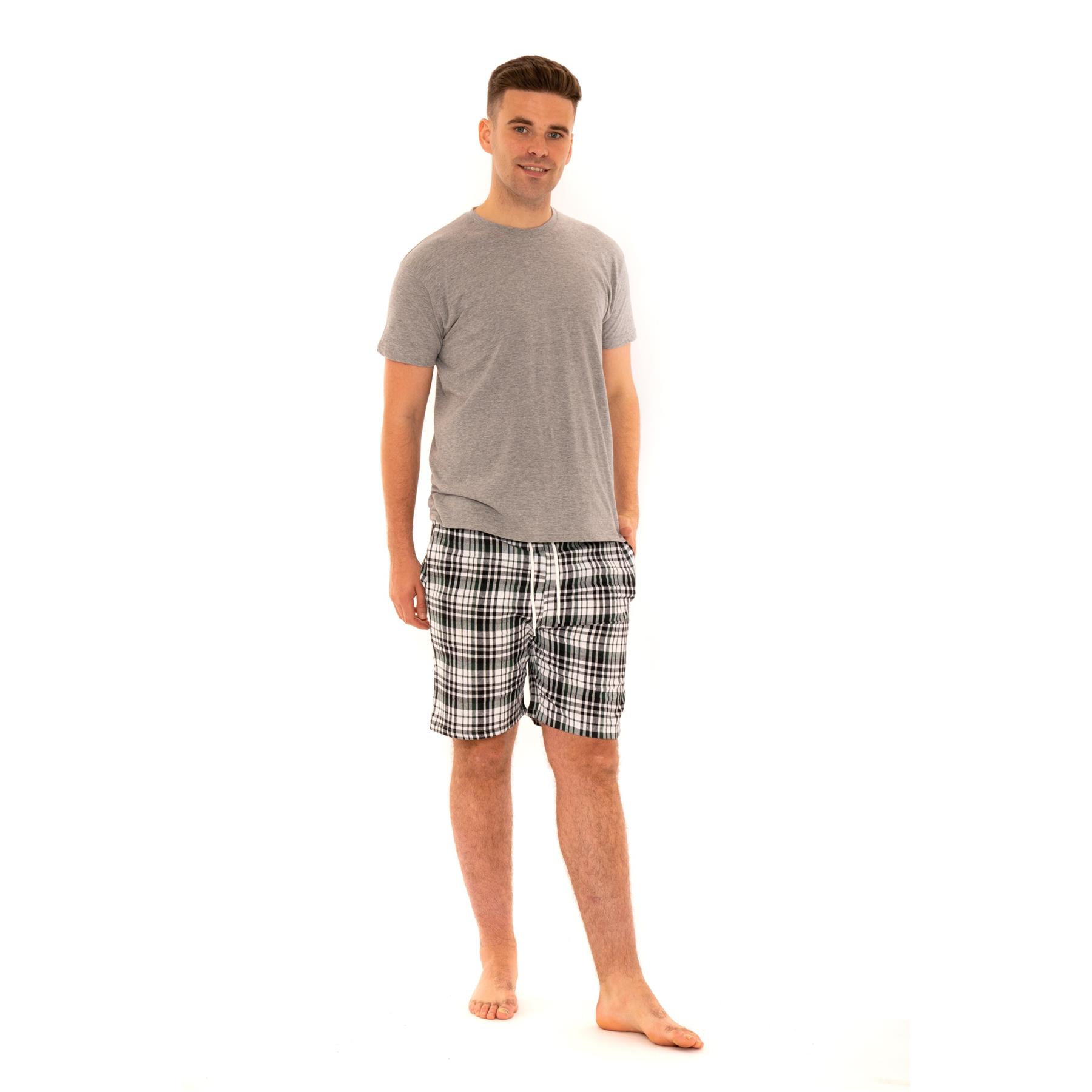 Mens Woven Pyjamas Cotton PJ Set Short Sleeve Crew Lounge Top Soft Check Shorts - Picture 21 of 34