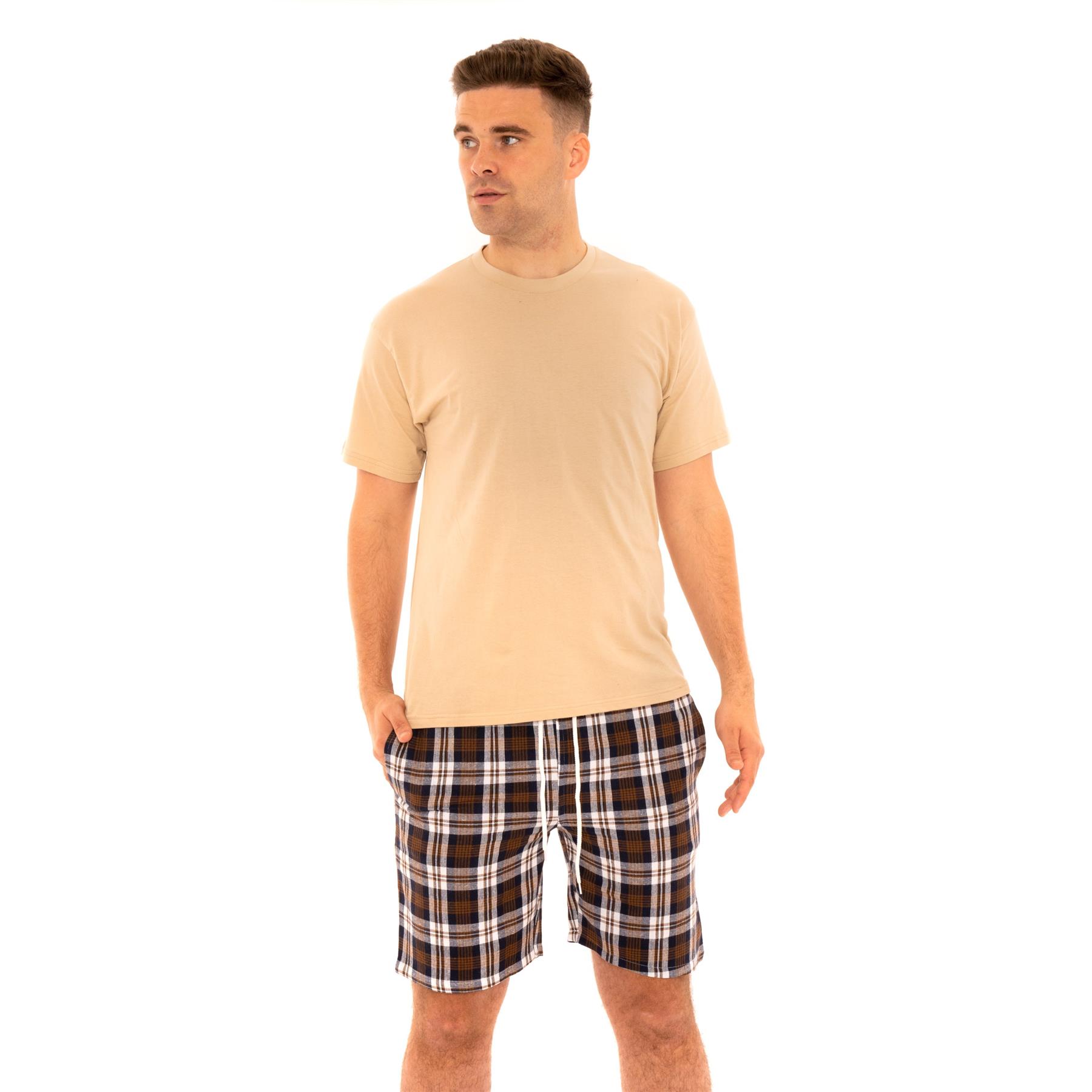 Mens Woven Pyjamas Cotton PJ Set Short Sleeve Crew Lounge Top Soft Check Shorts - Picture 18 of 34