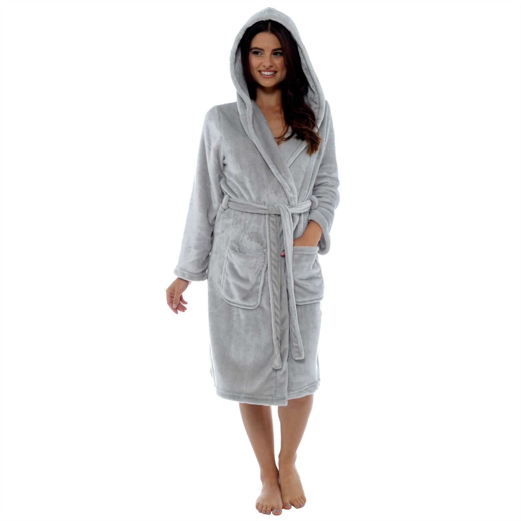 Ladies Luxurious Soft Dressing Gown Hooded Plain Fluffy Snuggle Fleece Warm Robe | eBay