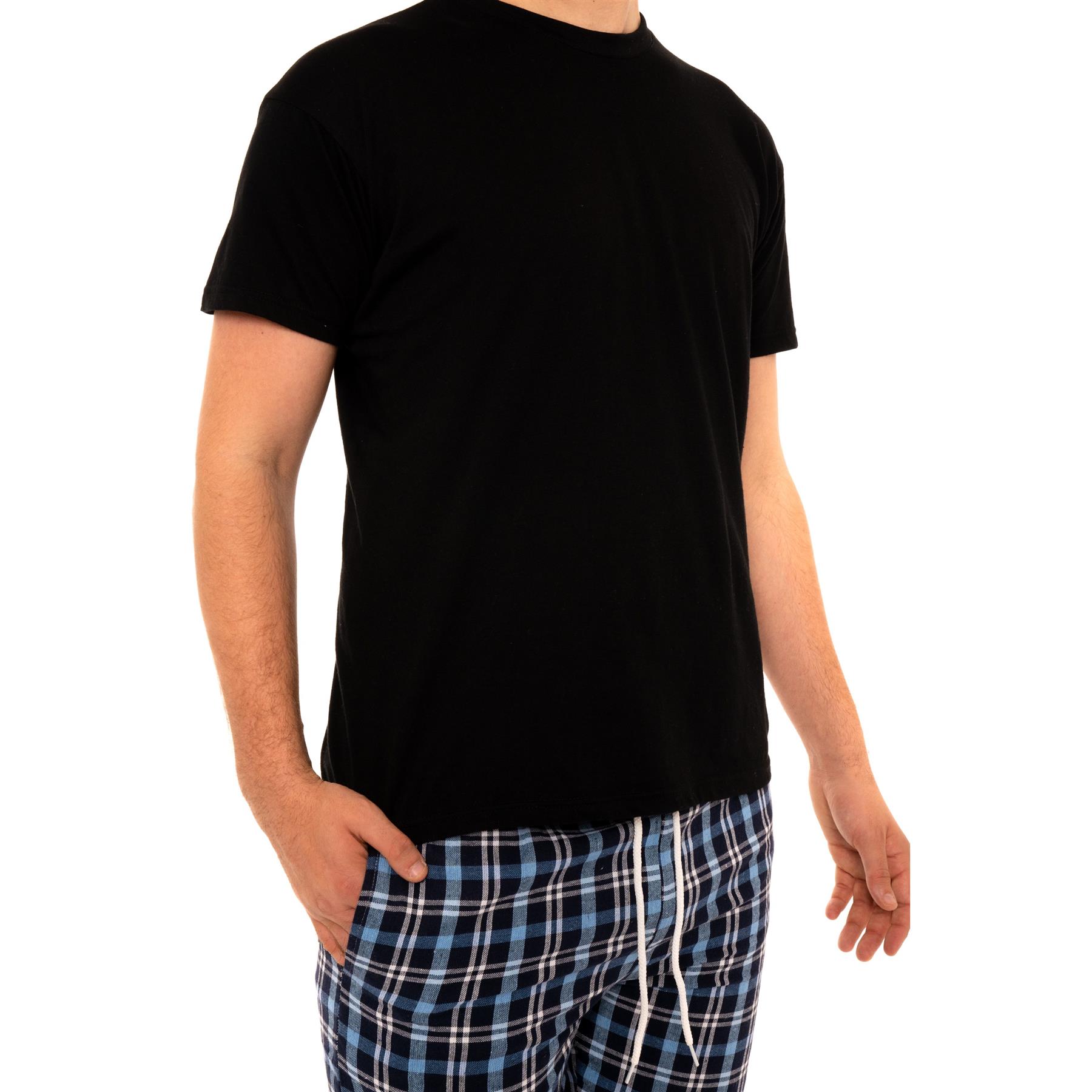 Mens Woven Pyjamas Cotton PJ Set Short Sleeve Crew Lounge Top Soft Check Shorts - Picture 6 of 34