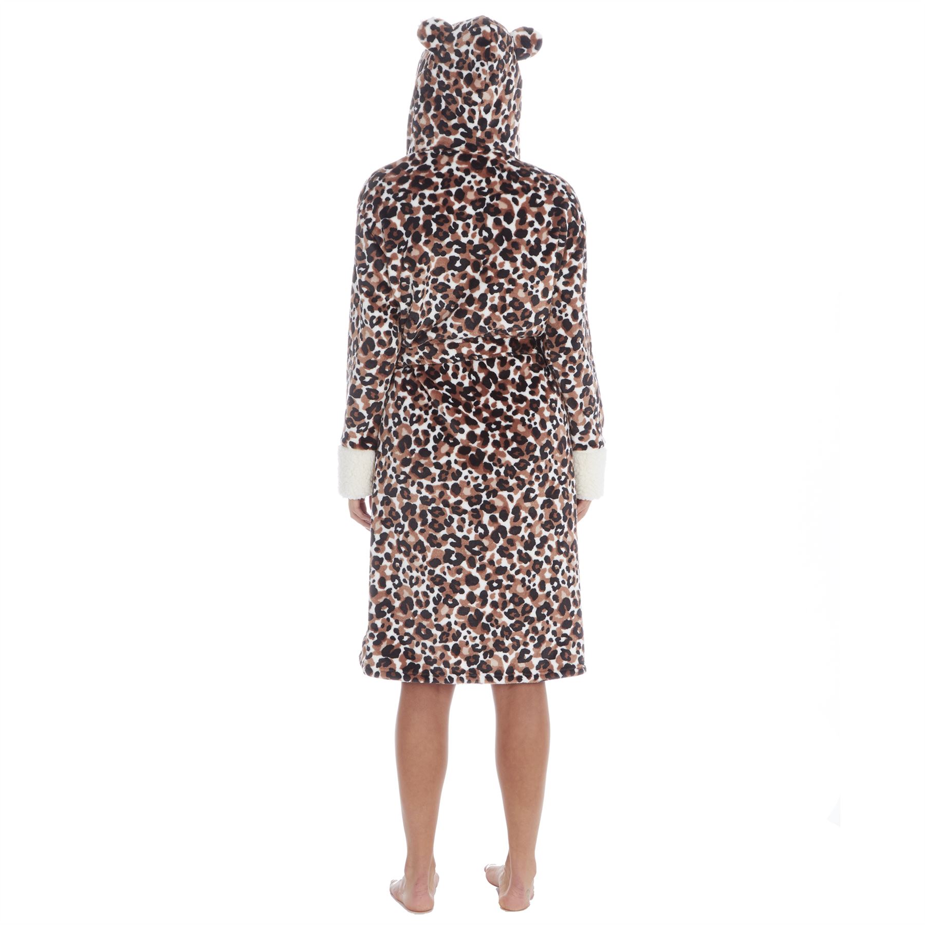 Womens Ladies Animal Leopard Print Robe Dressing Gown Hooded Fluffy