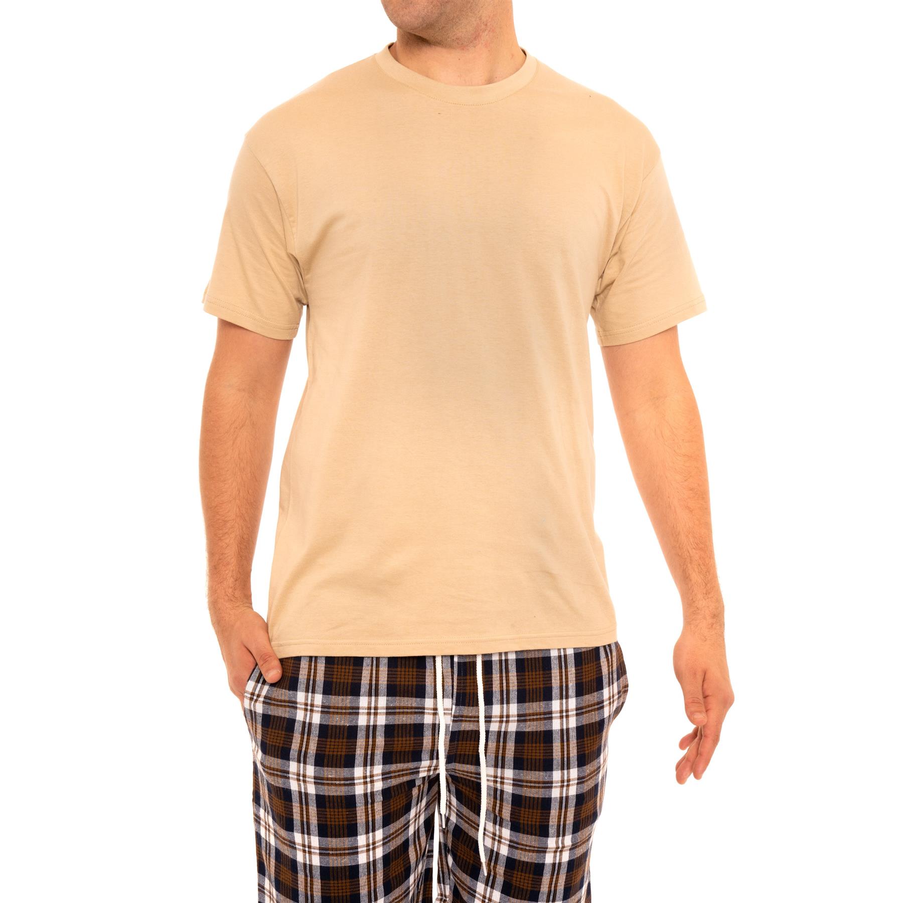 Mens Woven Pyjamas Cotton PJ Set Short Sleeve Crew Lounge Top Soft Check Shorts - Picture 20 of 34