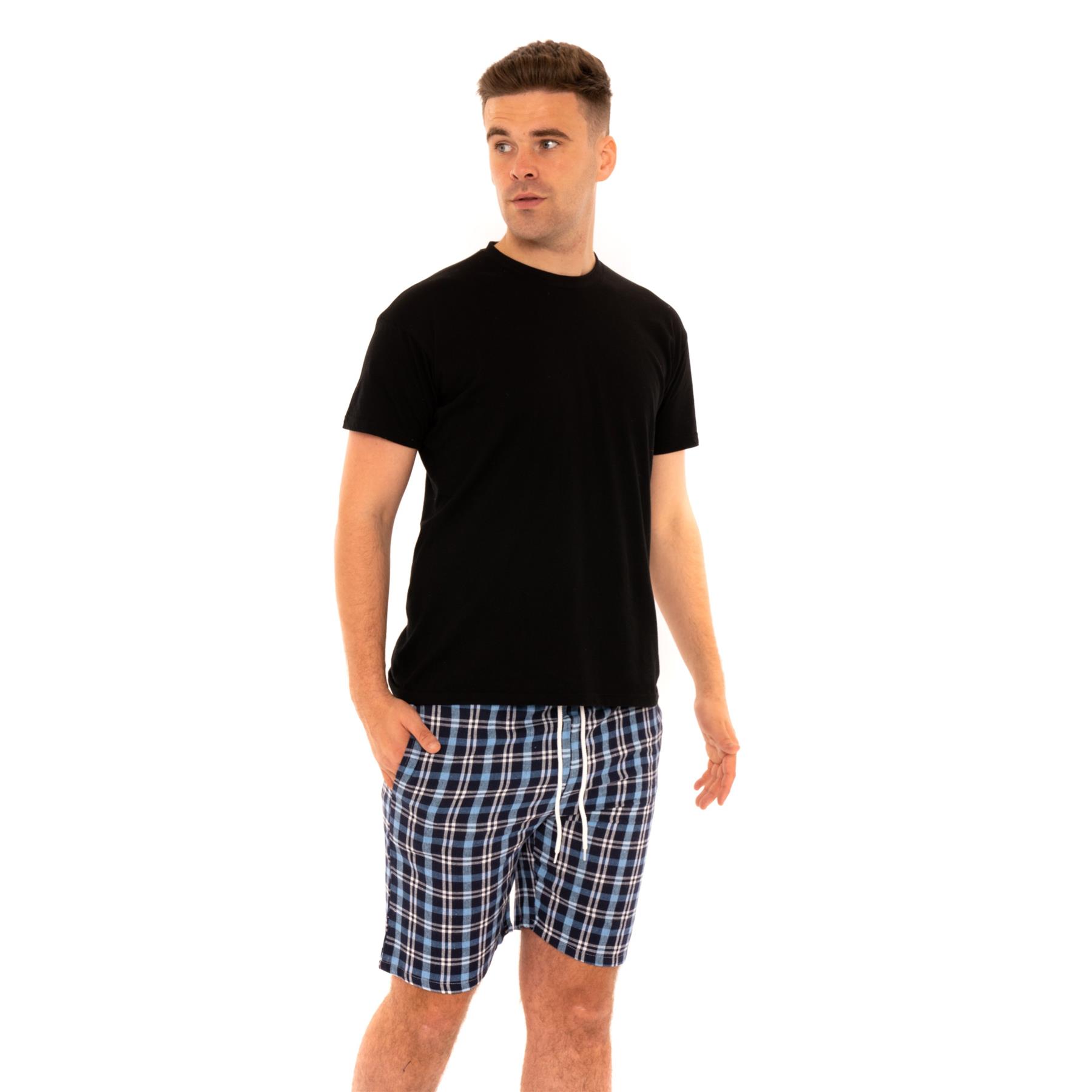 Mens Woven Pyjamas Cotton PJ Set Short Sleeve Crew Lounge Top Soft Check Shorts - Picture 4 of 34