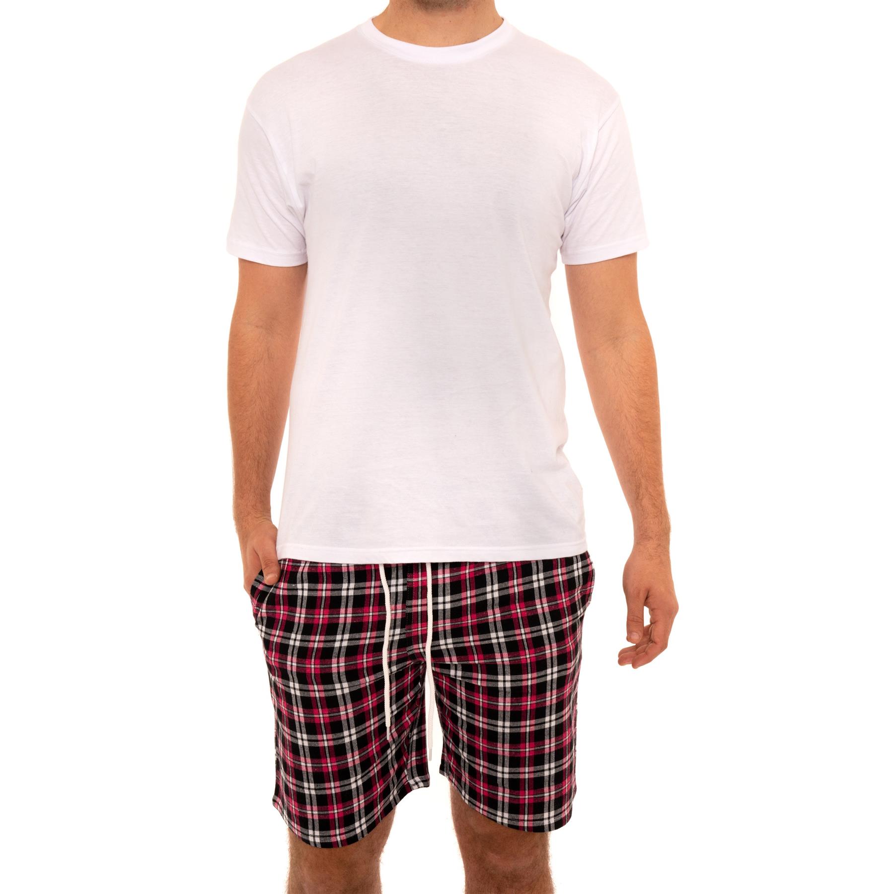 Mens Woven Pyjamas Cotton PJ Set Short Sleeve Crew Lounge Top Soft Check Shorts - Picture 34 of 34