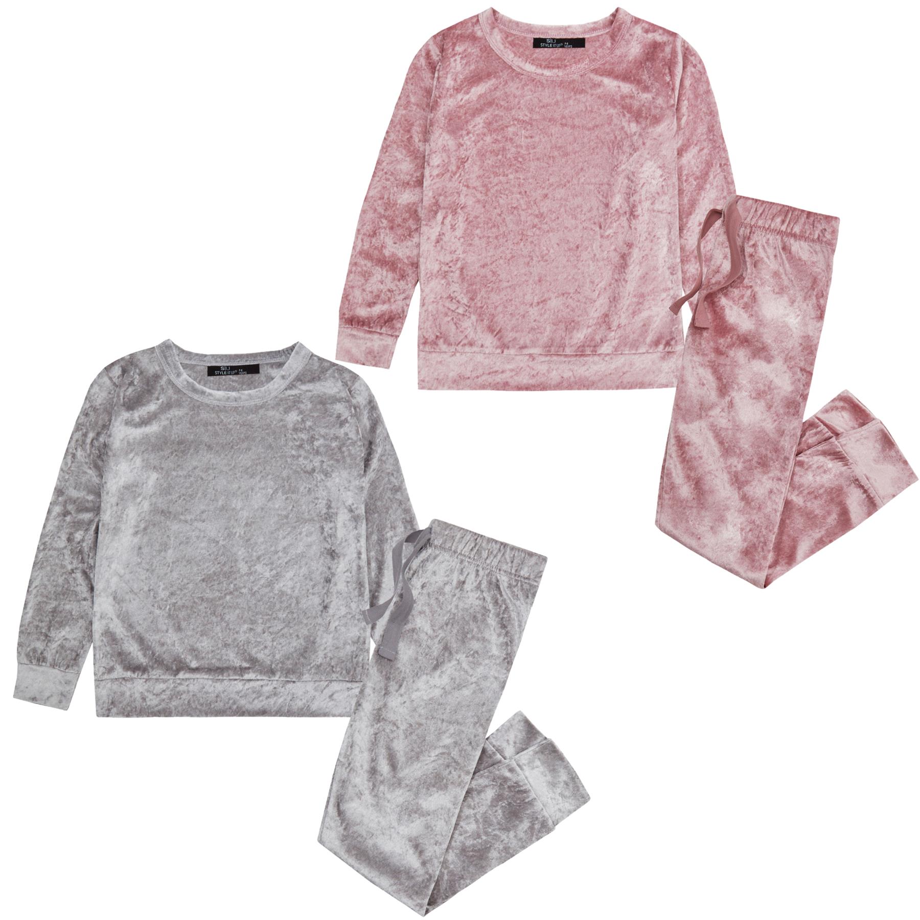 NEW Girls Kids Crushed Velvet Tracksuit Velour Soft Loungewear Sleep PJs Pyjamas - Picture 3 of 19