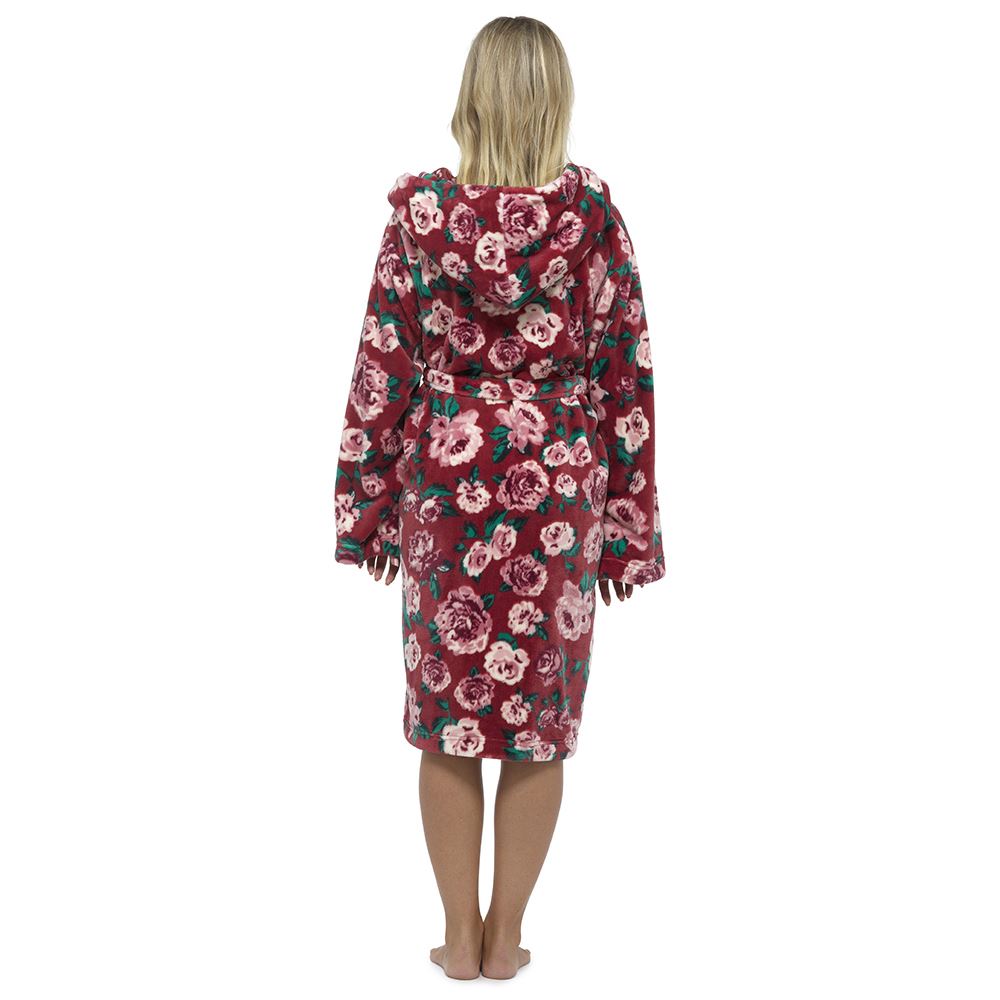 Womens Ladies Dressing Gown Hooded Floral Print Fluffy Snuggle Soft