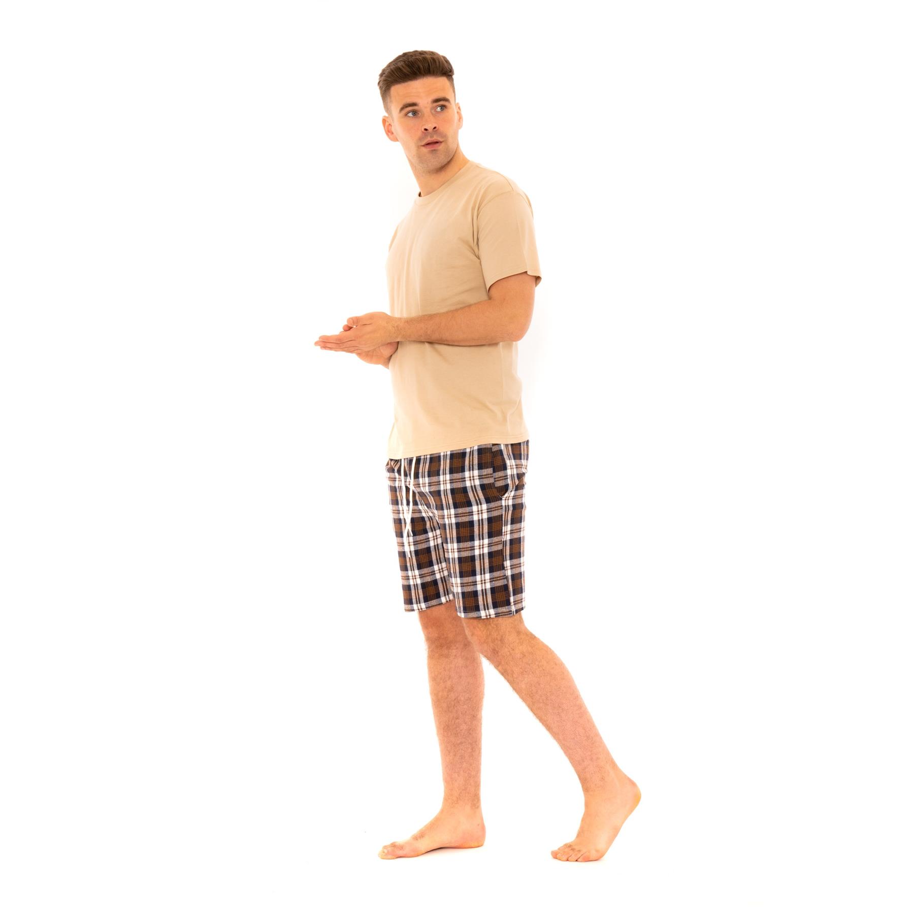 Mens Woven Pyjamas Cotton PJ Set Short Sleeve Crew Lounge Top Soft Check Shorts - Picture 17 of 34