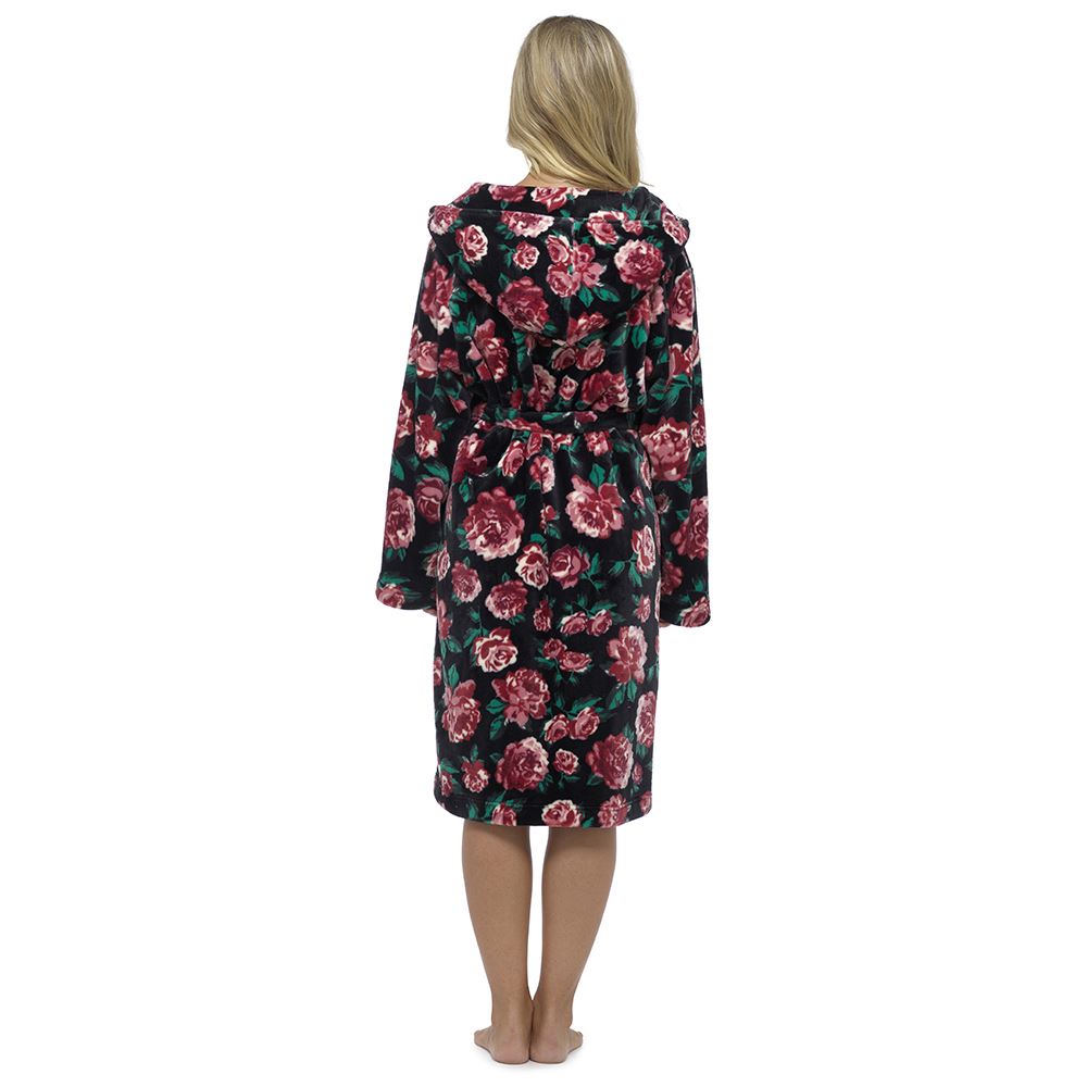 Womens Ladies Dressing Gown Hooded Floral Print Fluffy Snuggle Soft