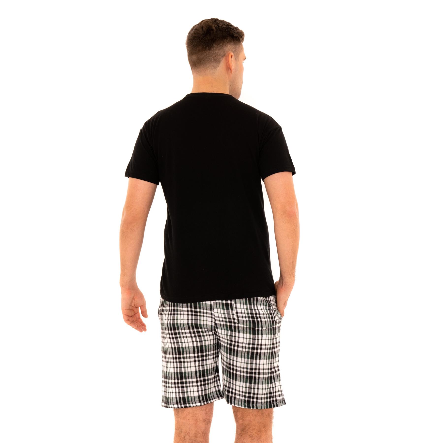 Mens Woven Pyjamas Cotton PJ Set Short Sleeve Crew Lounge Top Soft Check Shorts - Picture 11 of 34