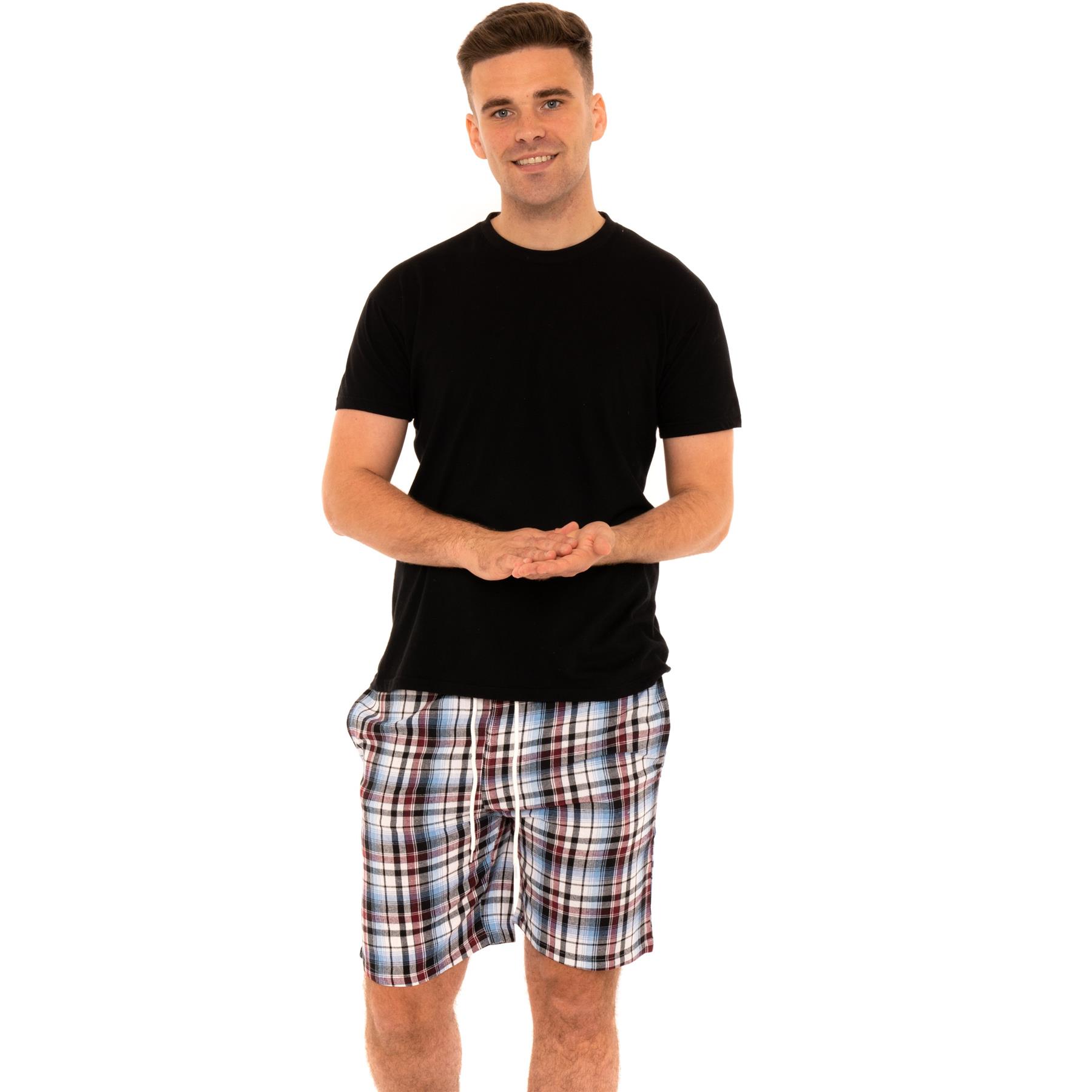 Mens Woven Pyjamas Cotton PJ Set Short Sleeve Crew Lounge Top Soft Check Shorts - Picture 14 of 34