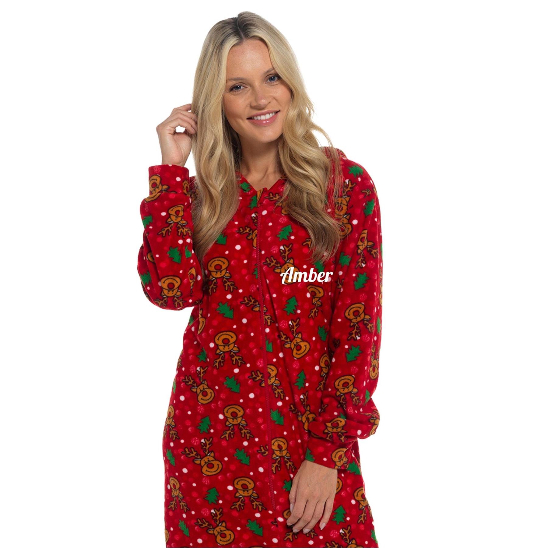 Personalised Unisex All in One Christmas Hooded Pyjamas Xmas Couples Matching PJ - Picture 11 of 15