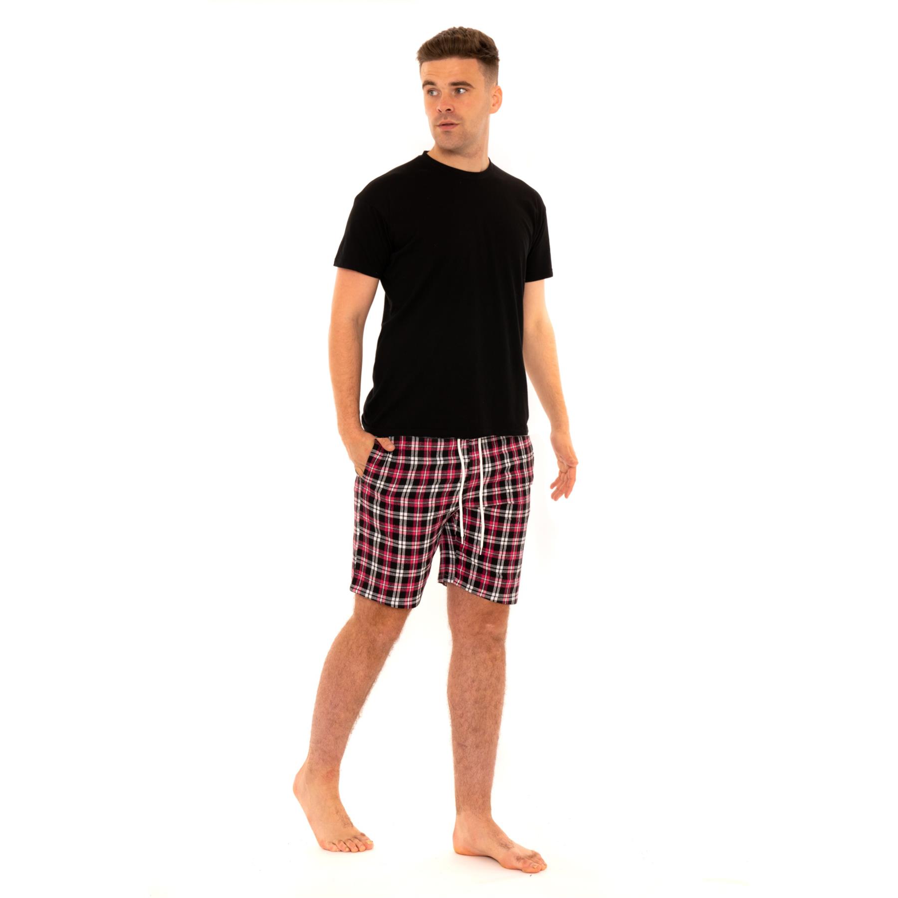 Mens Woven Pyjamas Cotton PJ Set Short Sleeve Crew Lounge Top Soft Check Shorts - Picture 7 of 34