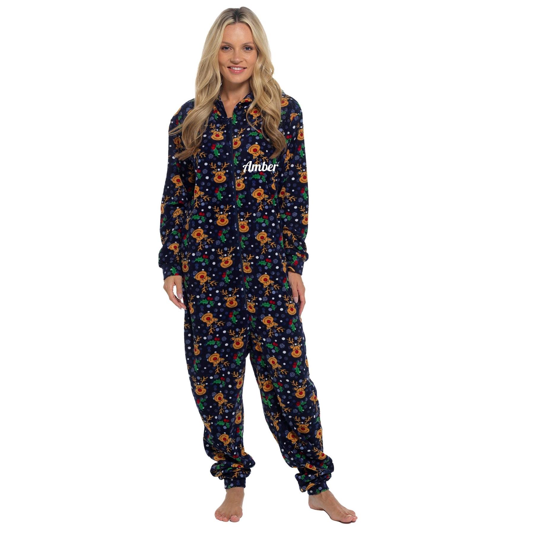 Personalised Unisex All in One Christmas Hooded Pyjamas Xmas Couples Matching PJ - Picture 7 of 15