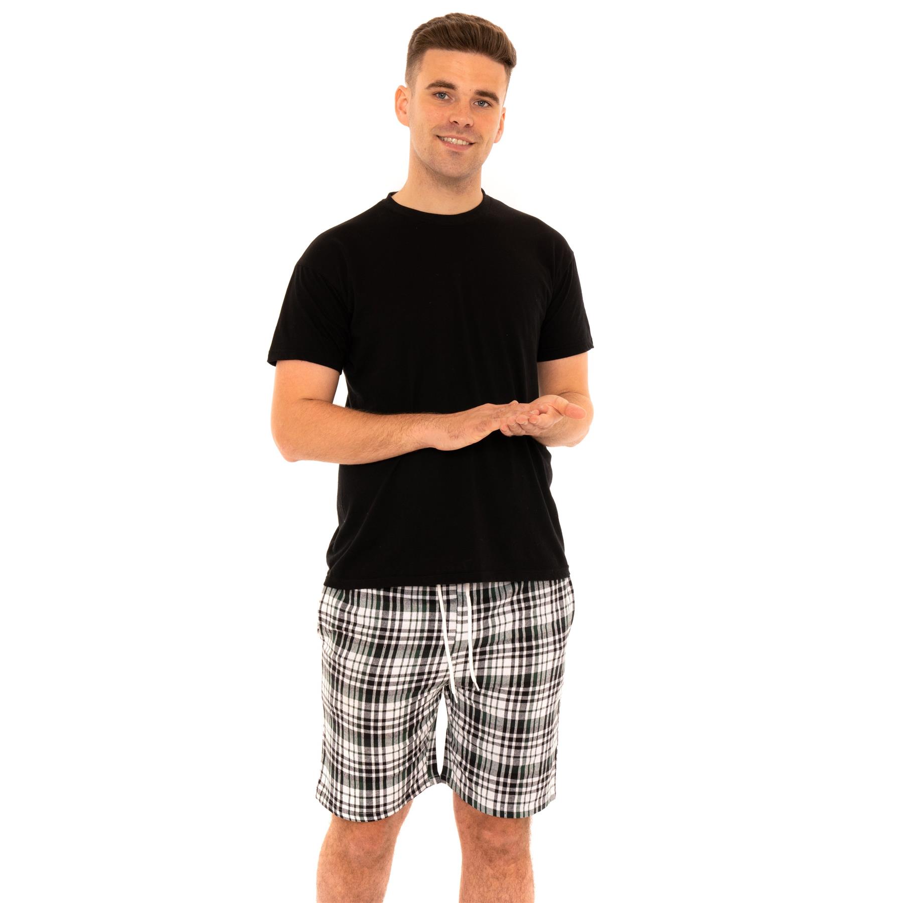 Mens Woven Pyjamas Cotton PJ Set Short Sleeve Crew Lounge Top Soft Check Shorts - Picture 10 of 34