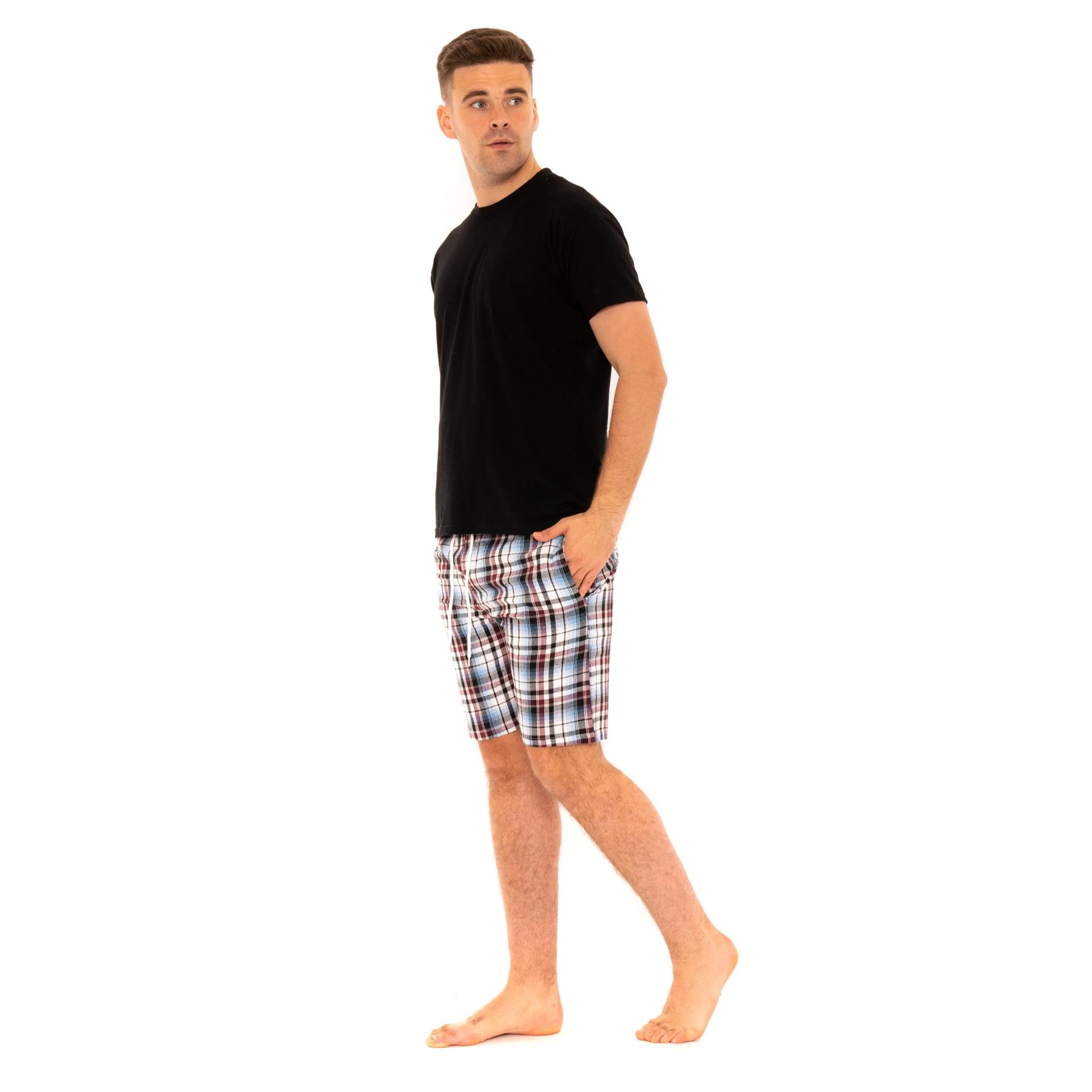 Mens Woven Pyjamas Cotton PJ Set Short Sleeve Crew Lounge Top Soft Check Shorts - Picture 13 of 34