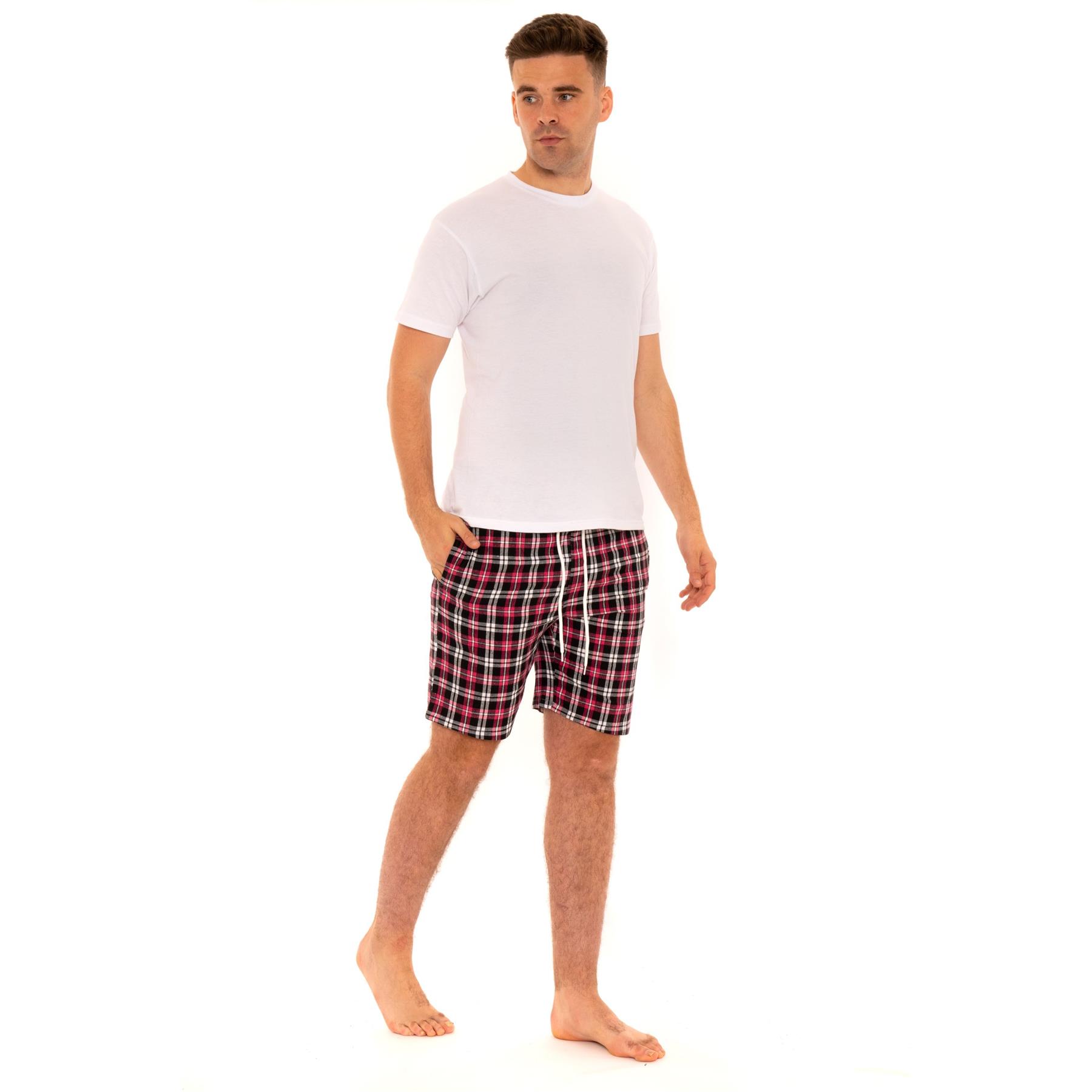 Mens Woven Pyjamas Cotton PJ Set Short Sleeve Crew Lounge Top Soft Check Shorts - Picture 31 of 34
