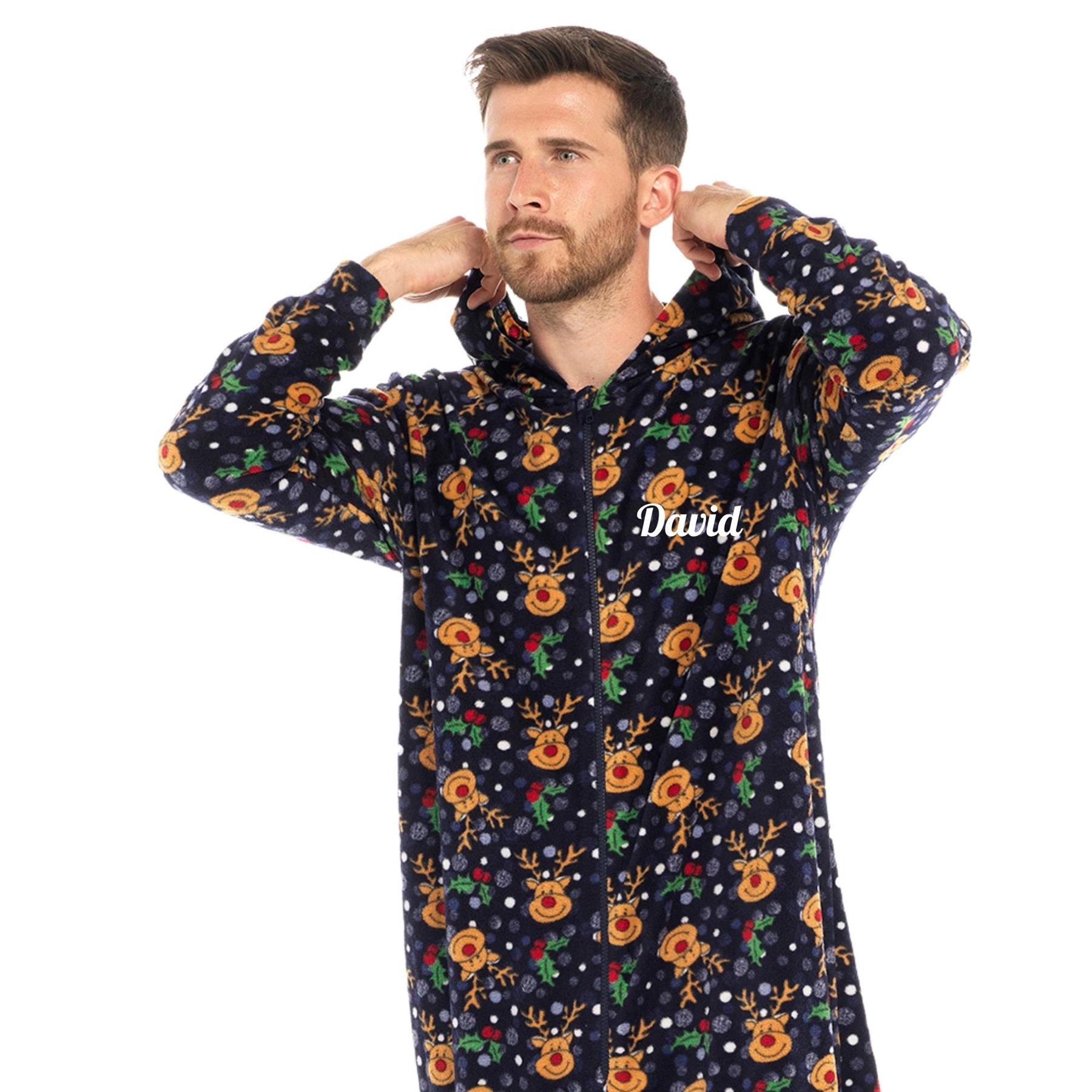 Personalised Unisex All in One Christmas Hooded Pyjamas Xmas Couples Matching PJ - Picture 4 of 15