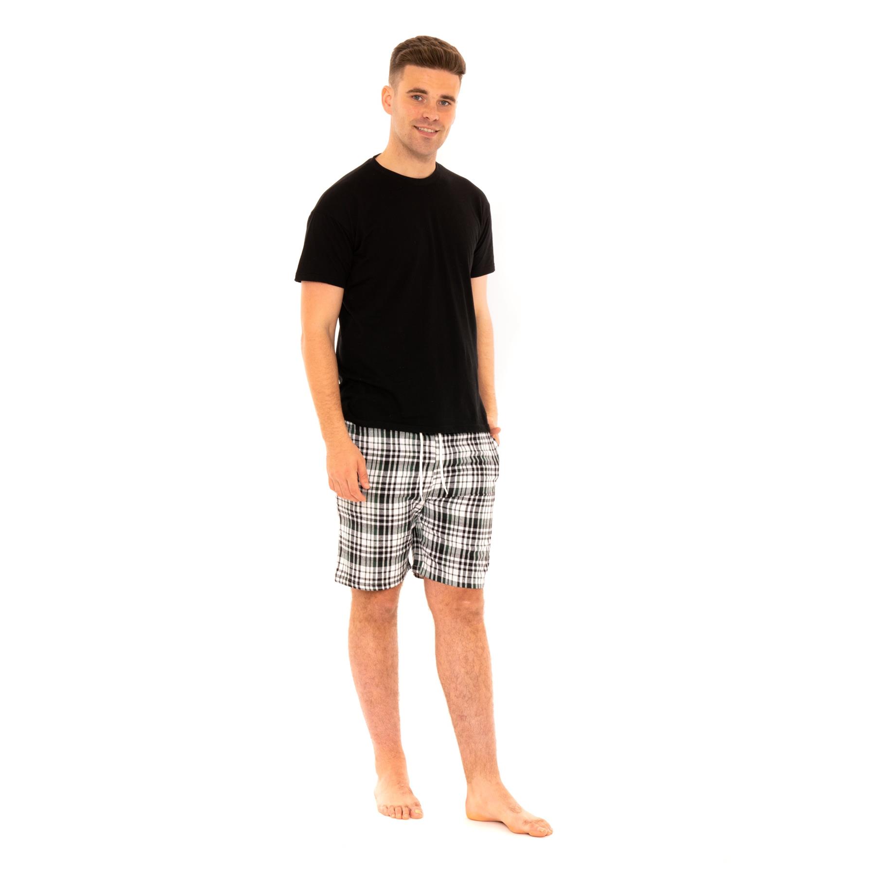 Mens Woven Pyjamas Cotton PJ Set Short Sleeve Crew Lounge Top Soft Check Shorts - Picture 9 of 34