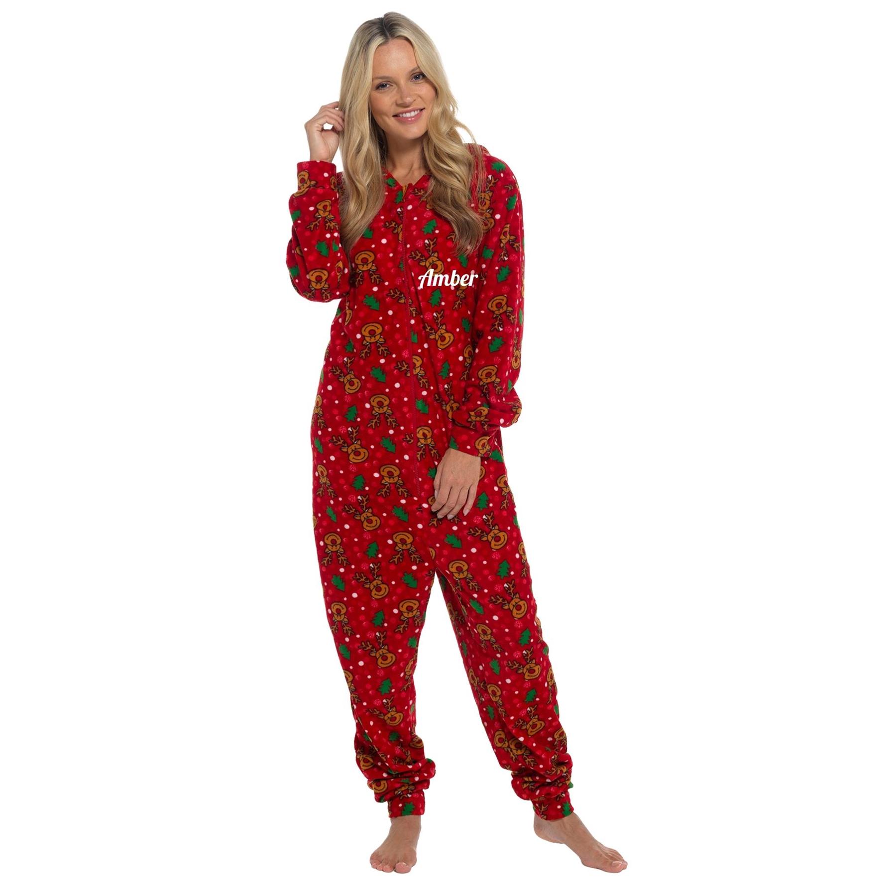 Personalised Unisex All in One Christmas Hooded Pyjamas Xmas Couples Matching PJ - Picture 10 of 15