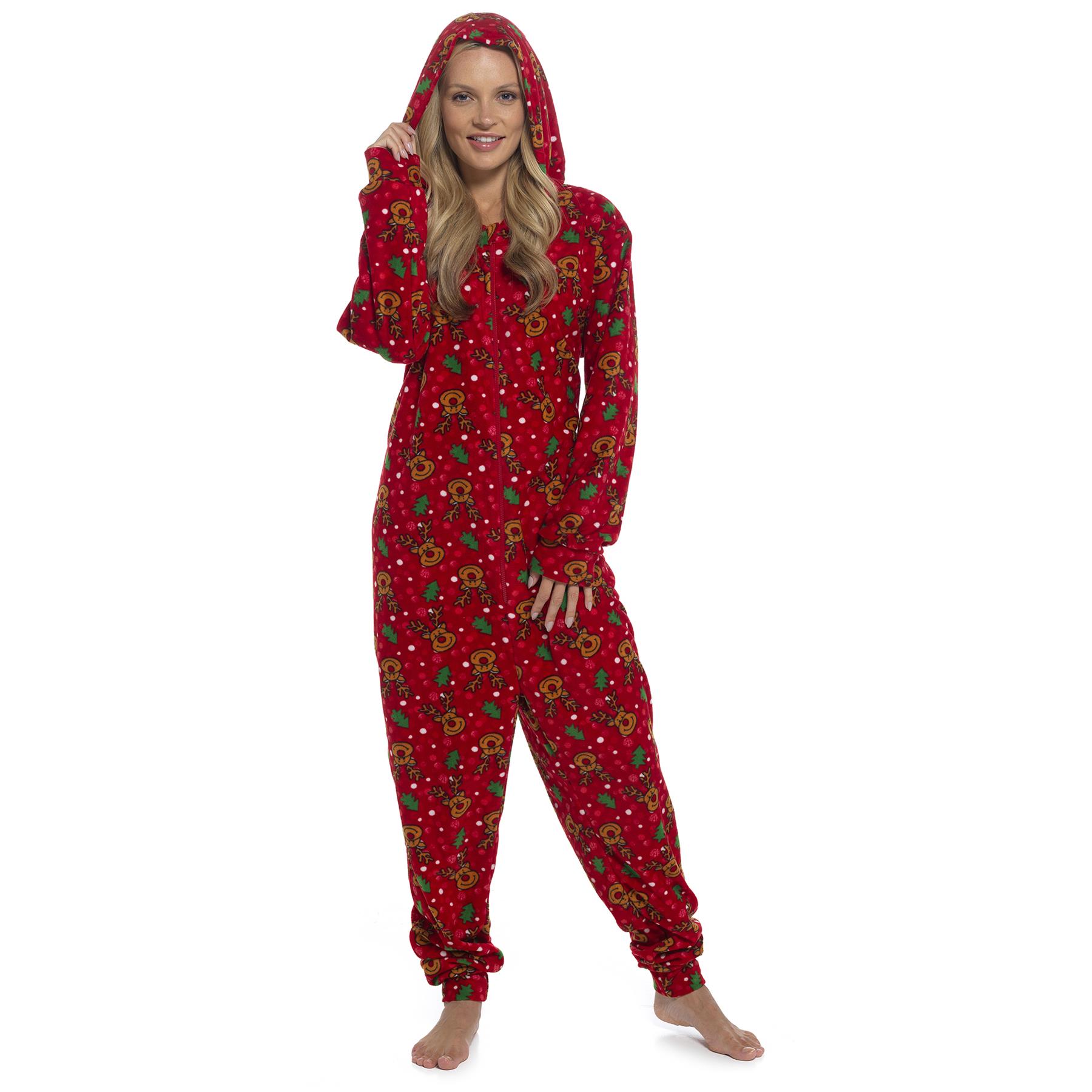 Unisex All in One Christmas Hooded Pyjamas Xmas Loungewear Couples Matching PJs - Picture 13 of 41