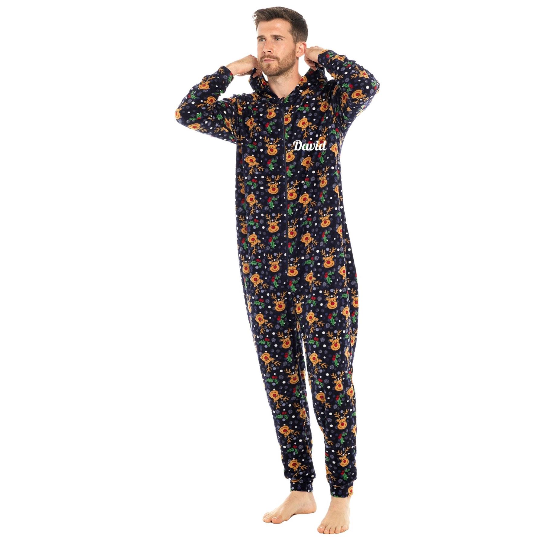 Personalised Unisex All in One Christmas Hooded Pyjamas Xmas Couples Matching PJ - Picture 3 of 15