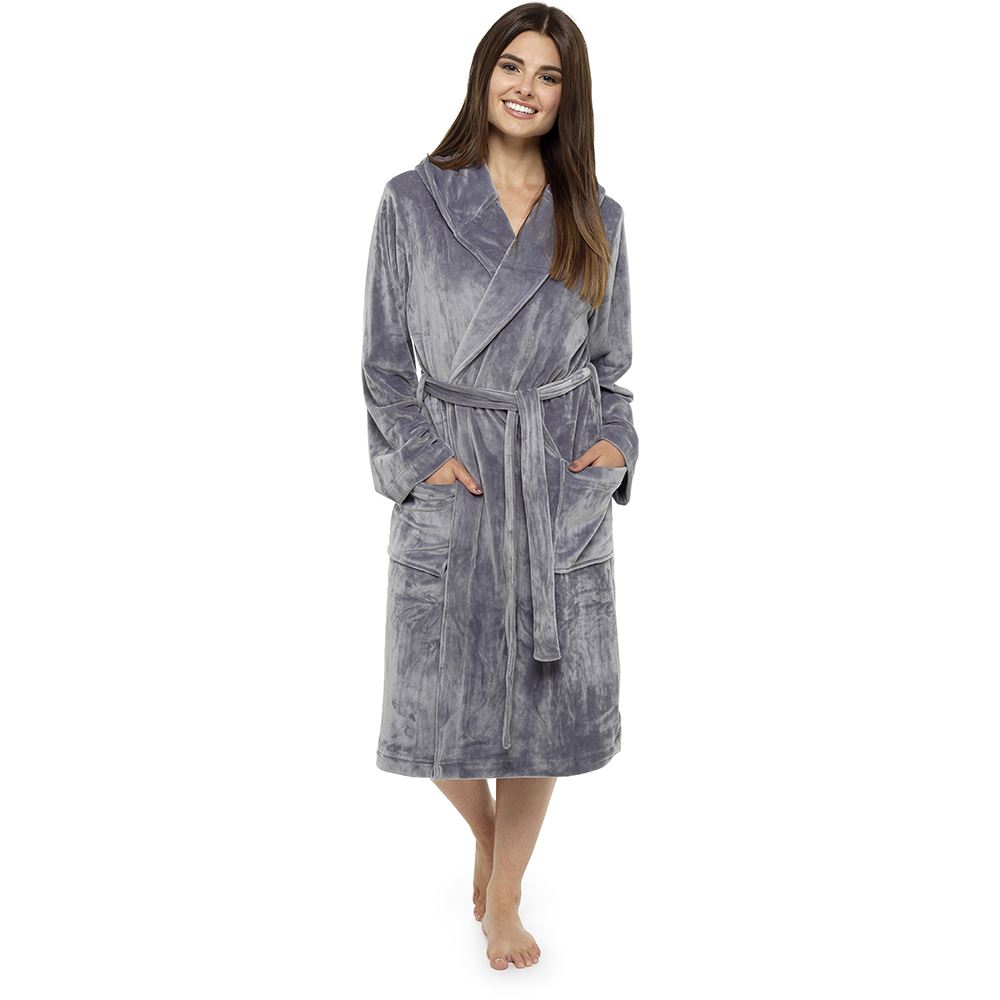 Ladies Luxurious Soft Dressing Gown Hooded Plain Fluffy Snuggle Fleece Warm Robe eBay