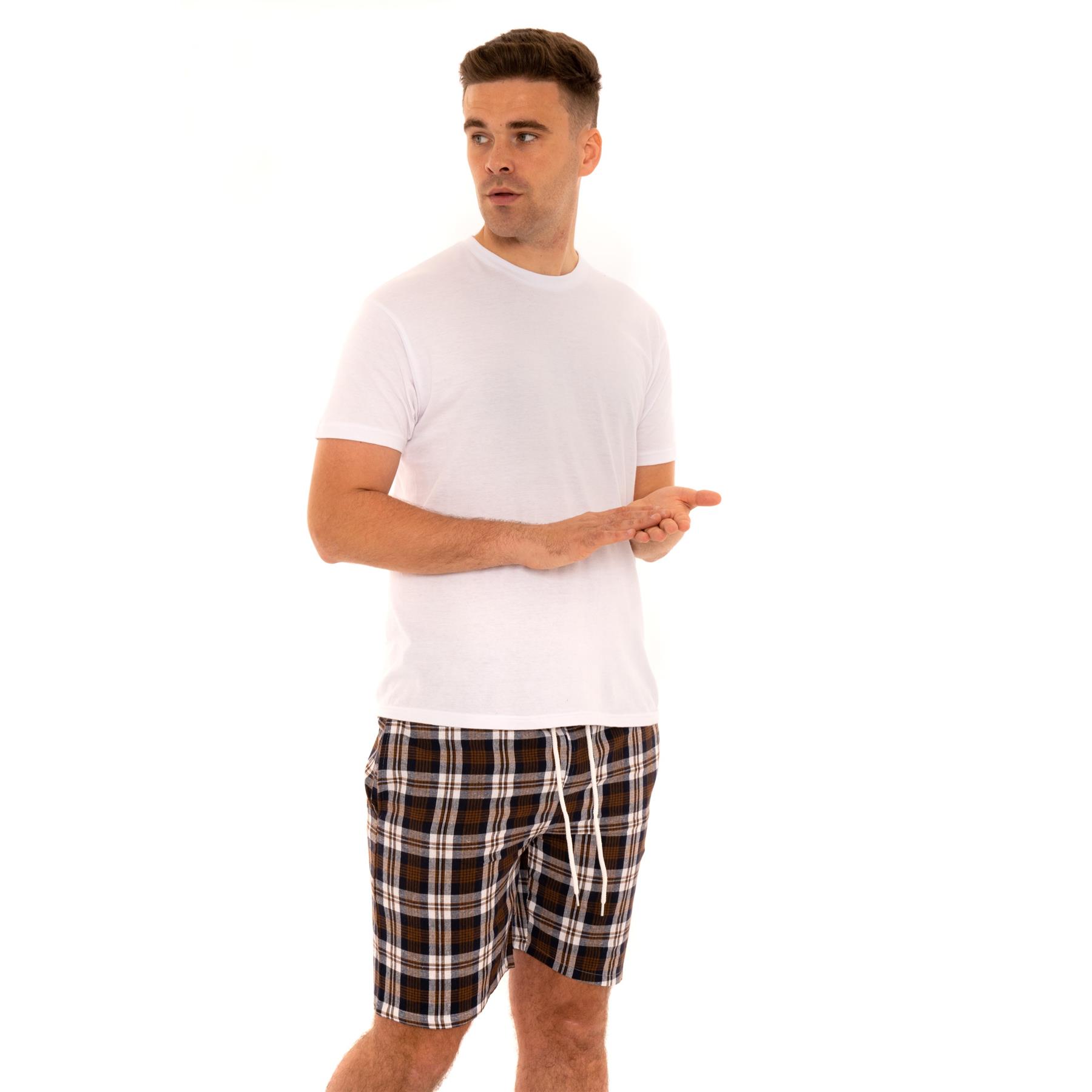 Mens Woven Pyjamas Cotton PJ Set Short Sleeve Crew Lounge Top Soft Check Shorts - Picture 29 of 34