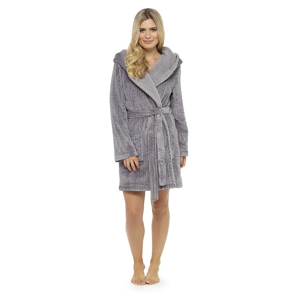Ladies Luxurious Soft Dressing Gown Hooded Plain Fluffy Snuggle Fleece Warm Robe eBay