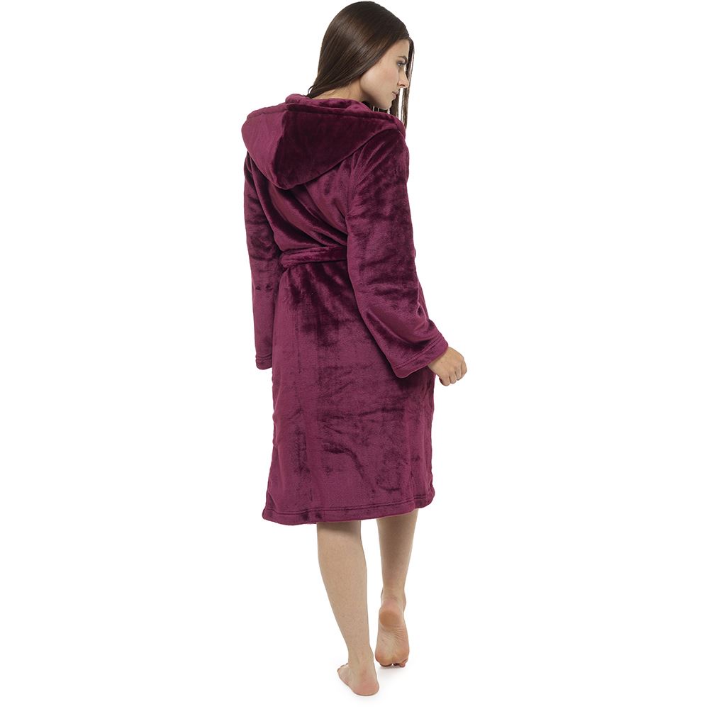 Ladies Luxurious Soft Dressing Gown Hooded Plain Fluffy Snuggle Fleece