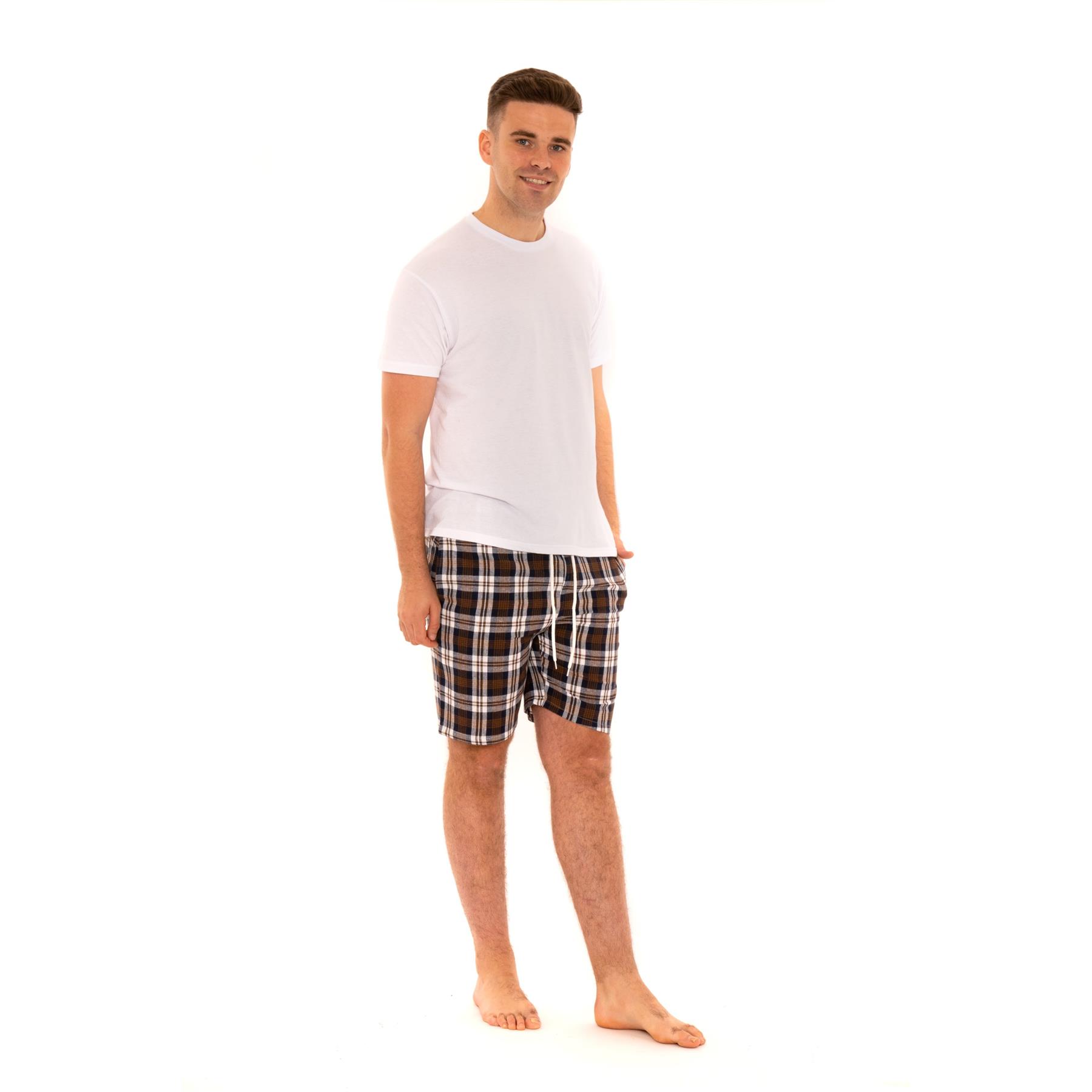 Mens Woven Pyjamas Cotton PJ Set Short Sleeve Crew Lounge Top Soft Check Shorts - Picture 28 of 34