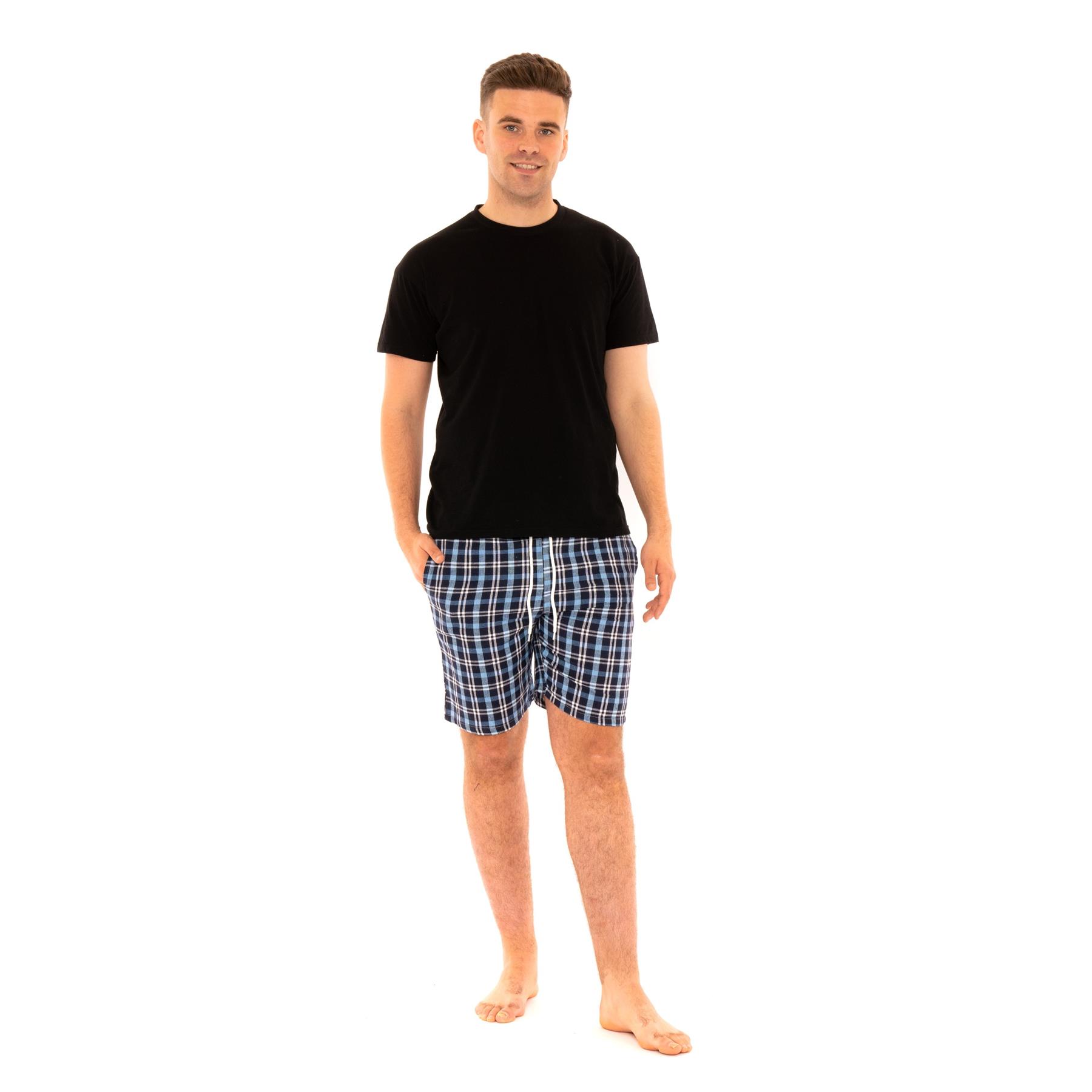 Mens Woven Pyjamas Cotton PJ Set Short Sleeve Crew Lounge Top Soft Check Shorts - Picture 3 of 34