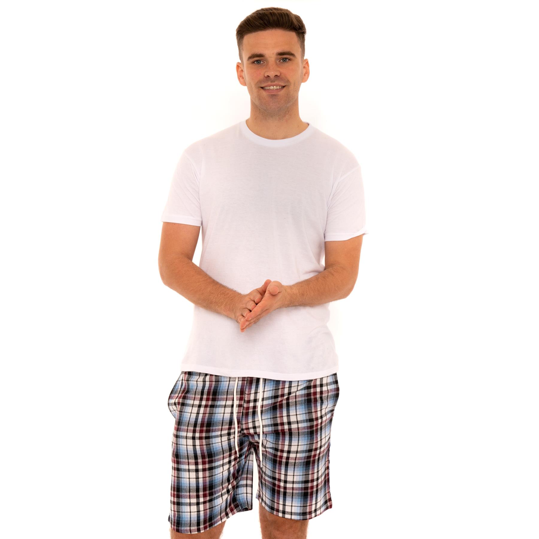 Mens Woven Pyjamas Cotton PJ Set Short Sleeve Crew Lounge Top Soft Check Shorts - Picture 26 of 34
