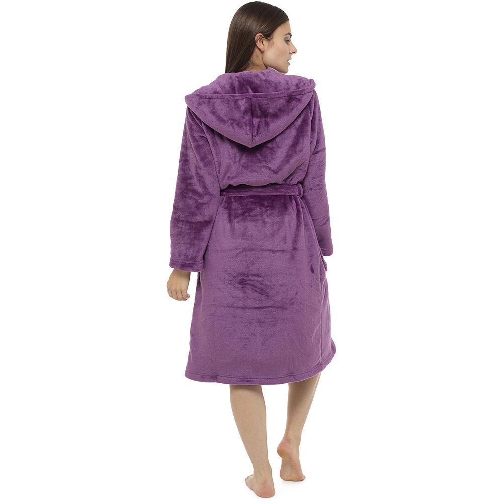Ladies Luxurious Soft Dressing Gown Hooded Plain Fluffy Snuggle Fleece Warm Robe | eBay