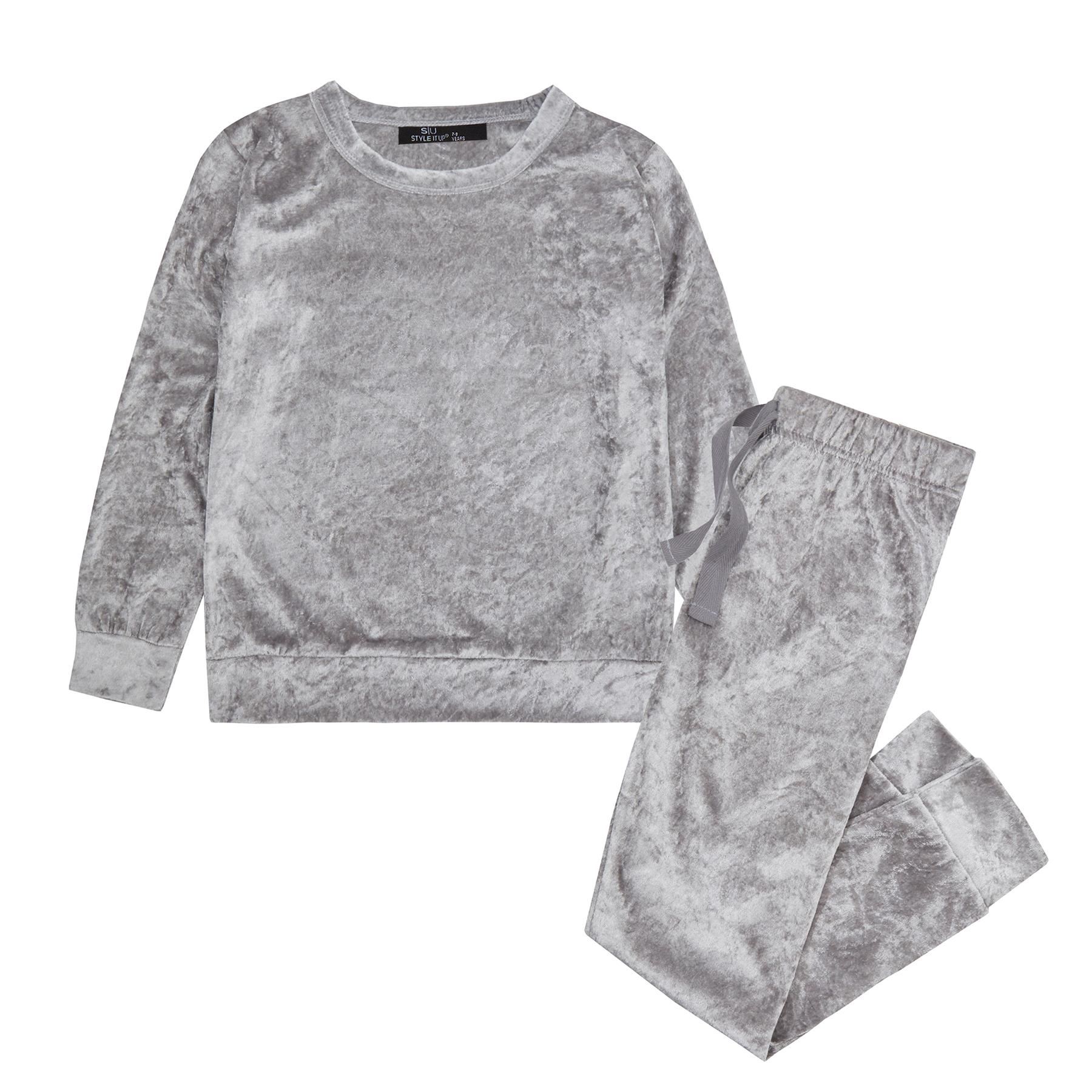 NEW Girls Kids Crushed Velvet Tracksuit Velour Soft Loungewear Sleep PJs Pyjamas - Picture 18 of 19