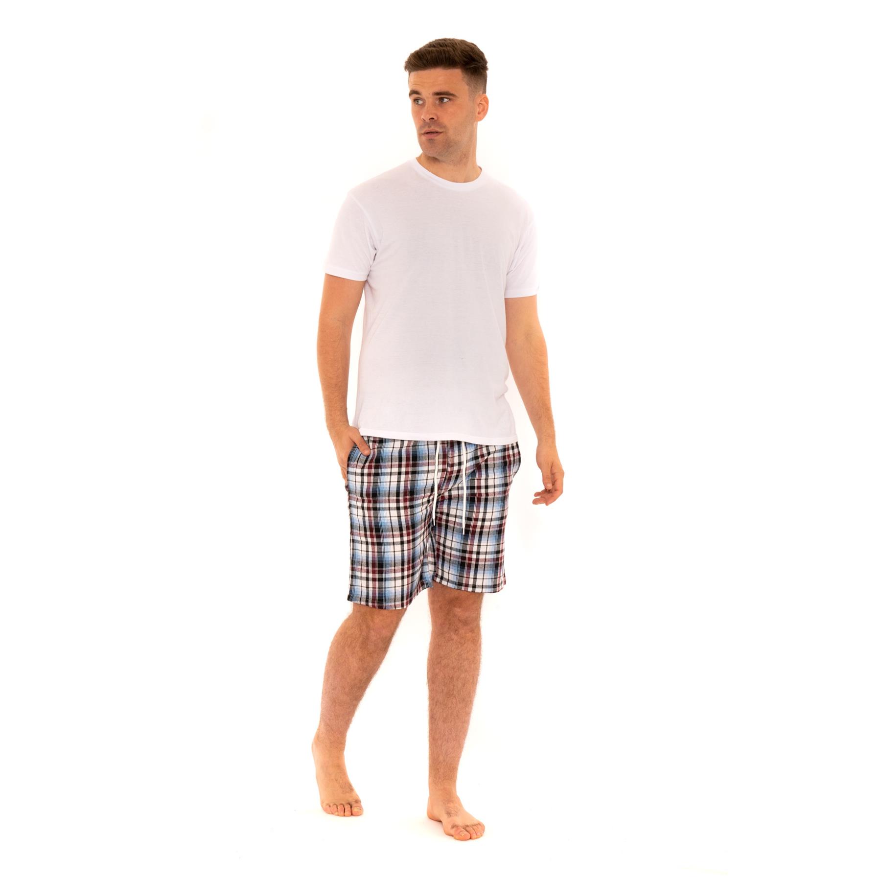 Mens Woven Pyjamas Cotton PJ Set Short Sleeve Crew Lounge Top Soft Check Shorts - Picture 25 of 34